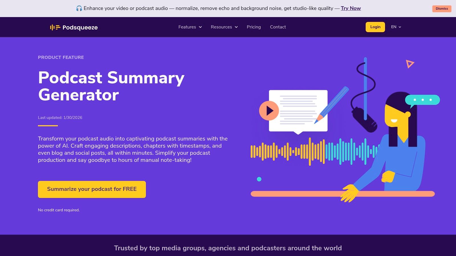 Podsqueeze AI interface showing options for generating content from a podcast episode.