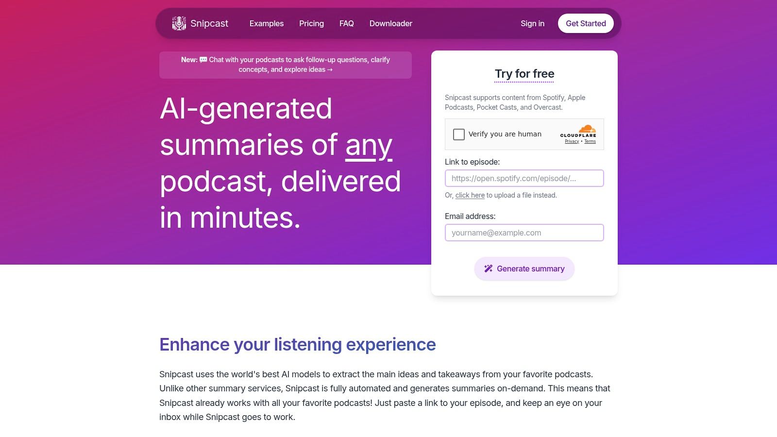 An image of the Snipcast website interface showing how to paste a podcast link to generate a summary.