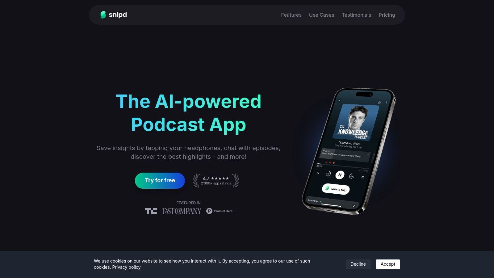 An image showcasing the Snipd mobile app interface with an AI-generated summary of a podcast episode.