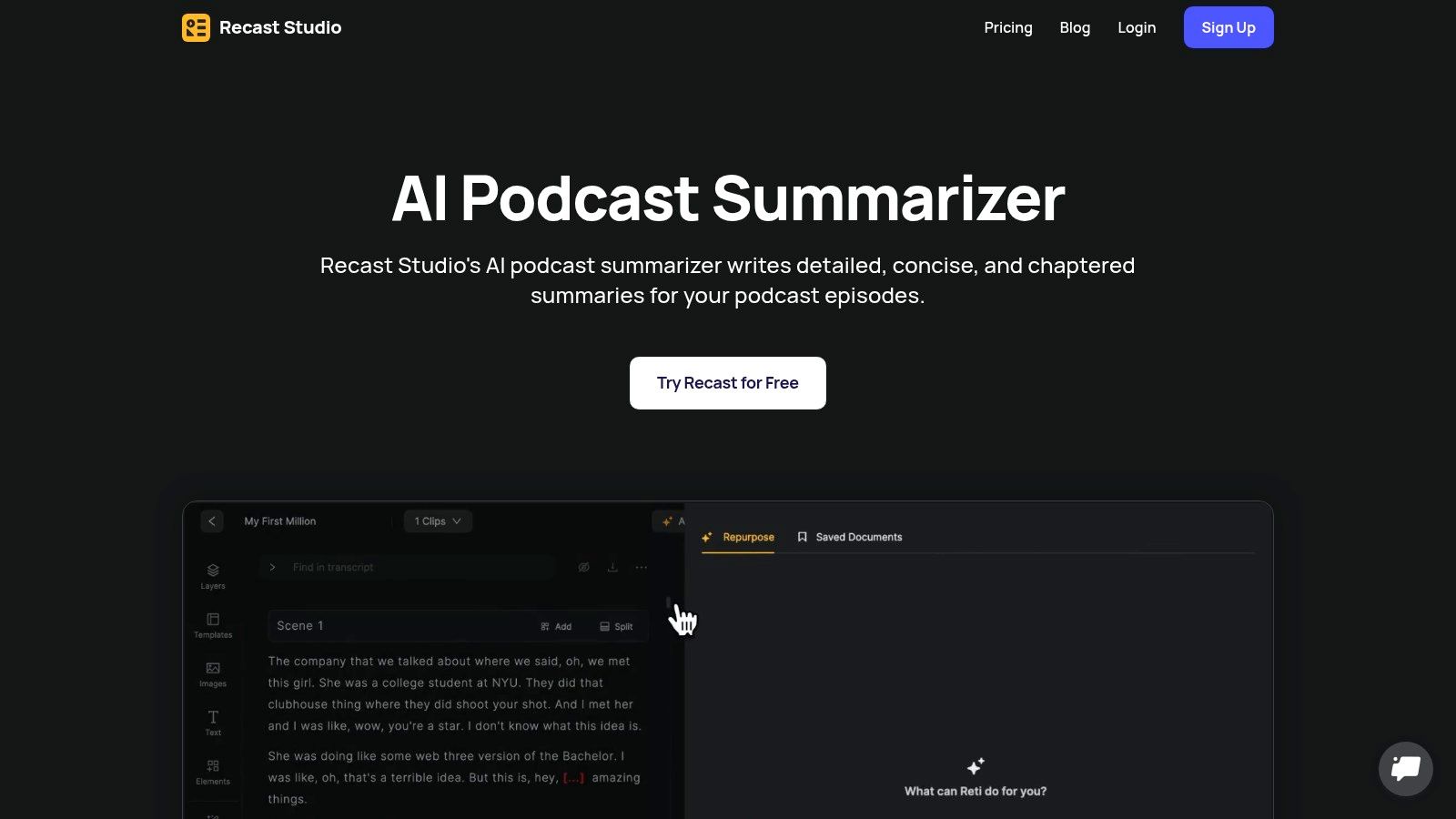 An image of the Recast Studio dashboard showing AI-generated show notes and summaries for a podcast episode.