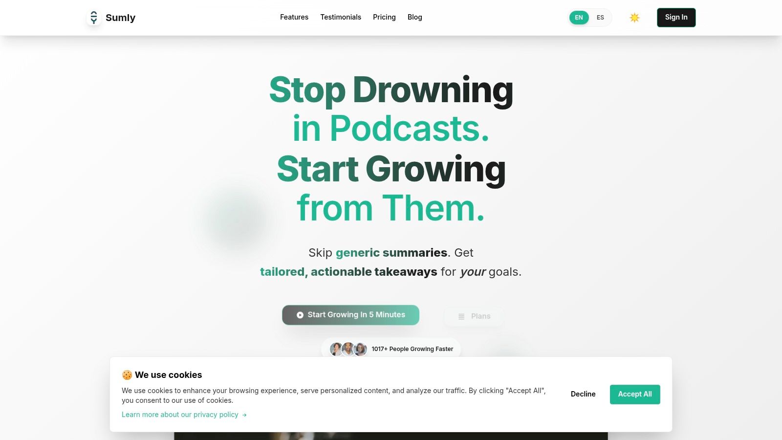 An image showing the SumlyAI website interface, highlighting its focus on email-delivered podcast summaries.