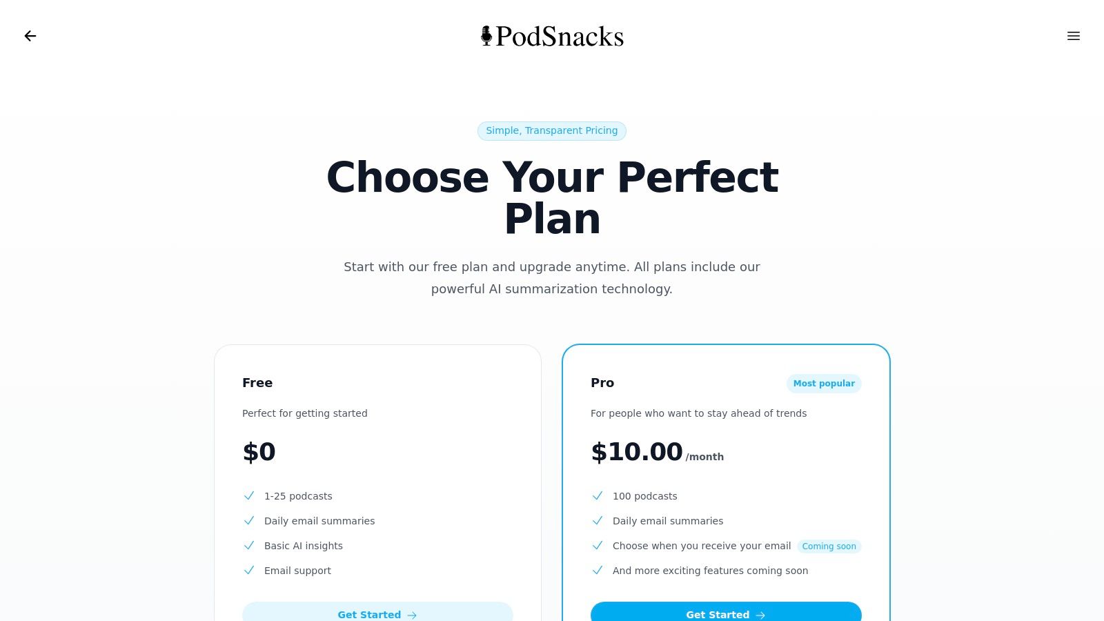 A screenshot of the PodSnacks pricing page, showing different subscription tiers.