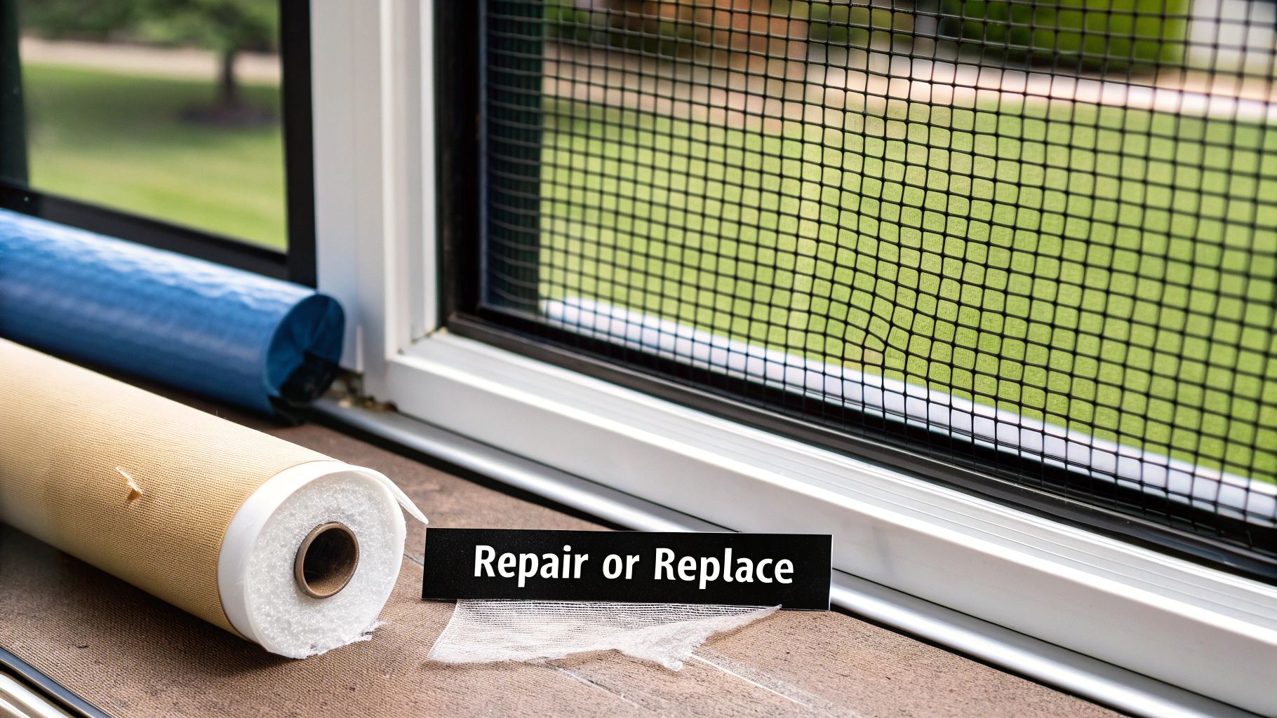 A window screen with a small tear, with a hand holding a repair patch next to it.