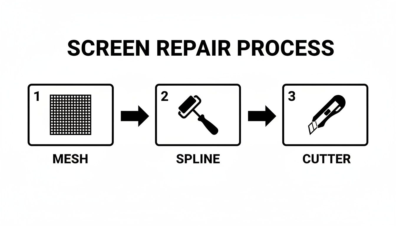 A sequential diagram illustrating the three steps of screen repair: mesh material, spline tool, and cutter tool.