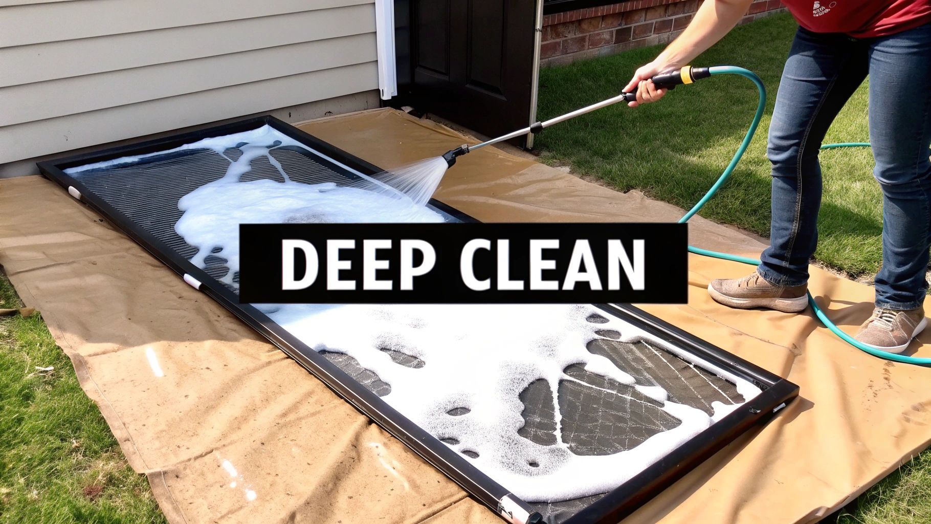 A person using a hose to rinse a screen door that is laid flat on a tarp in their backyard.