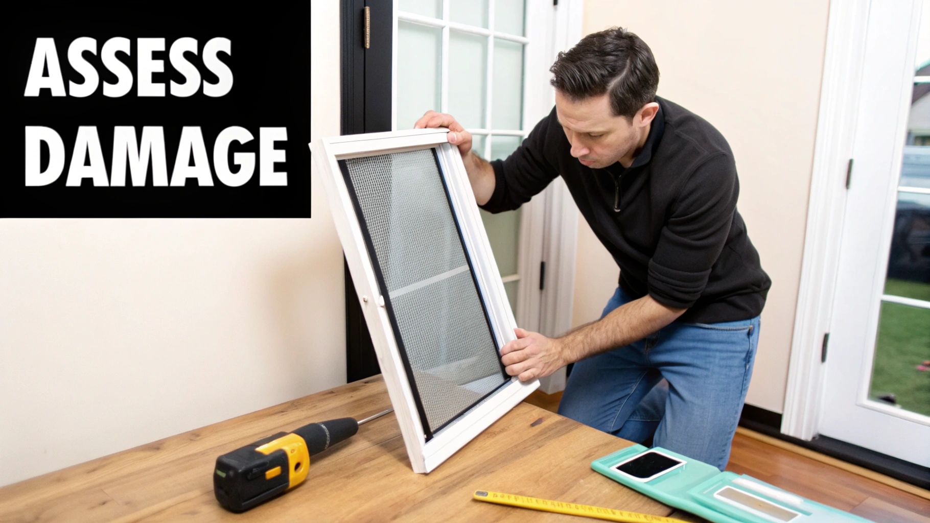 A man carefully inspects a window screen on a wooden table, with tools nearby, assessing damage.
