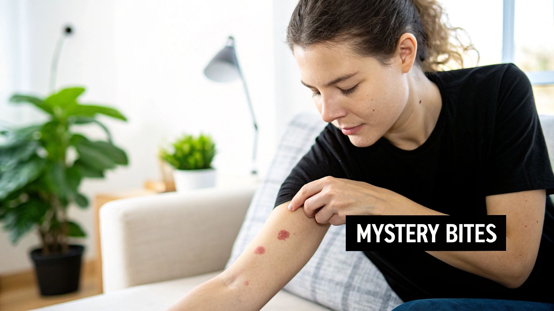 A woman with a worried expression examines several red, irritated mystery bites on her arm.