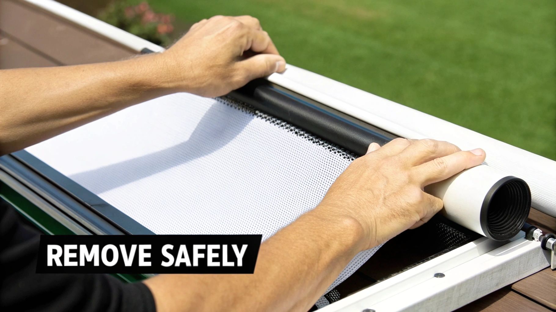 Person's hands safely removing a white retractable screen from its housing outdoors.
