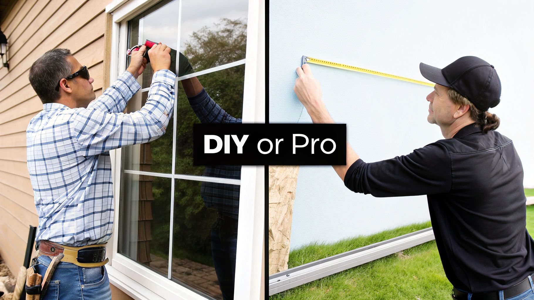 DIY or Pro? Two men working on home projects: window film installation vs. wall measurement.