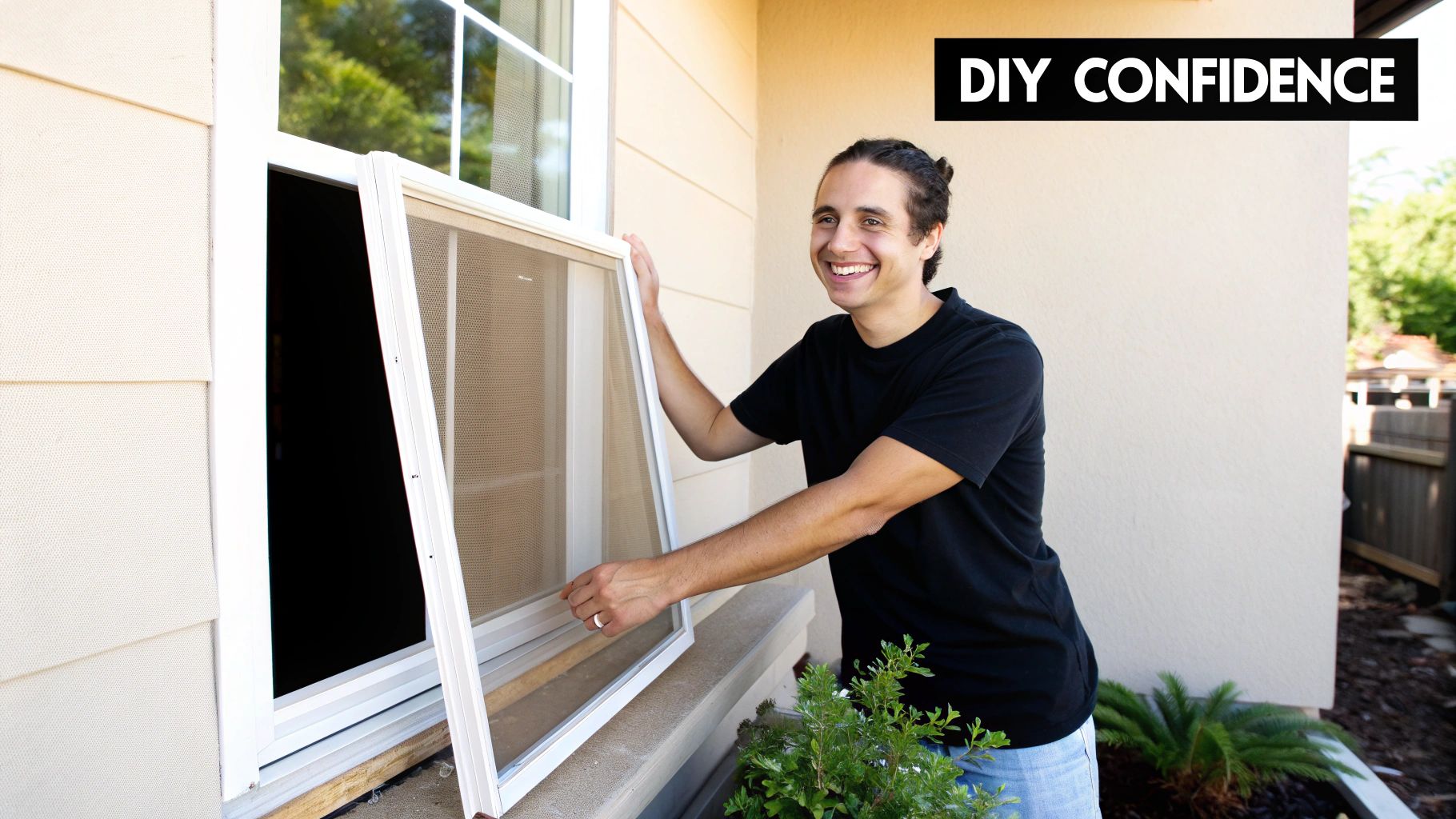 A person using a tool to replace a window screen on a workbench.