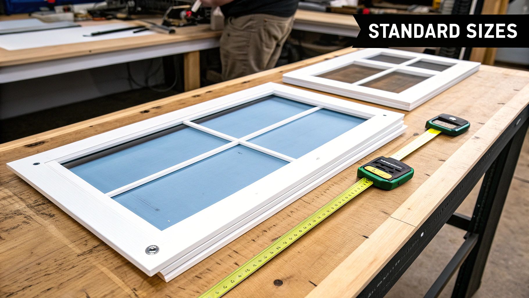 White window sashes and a measuring tape on a wooden workbench, indicating standard sizes for screens.