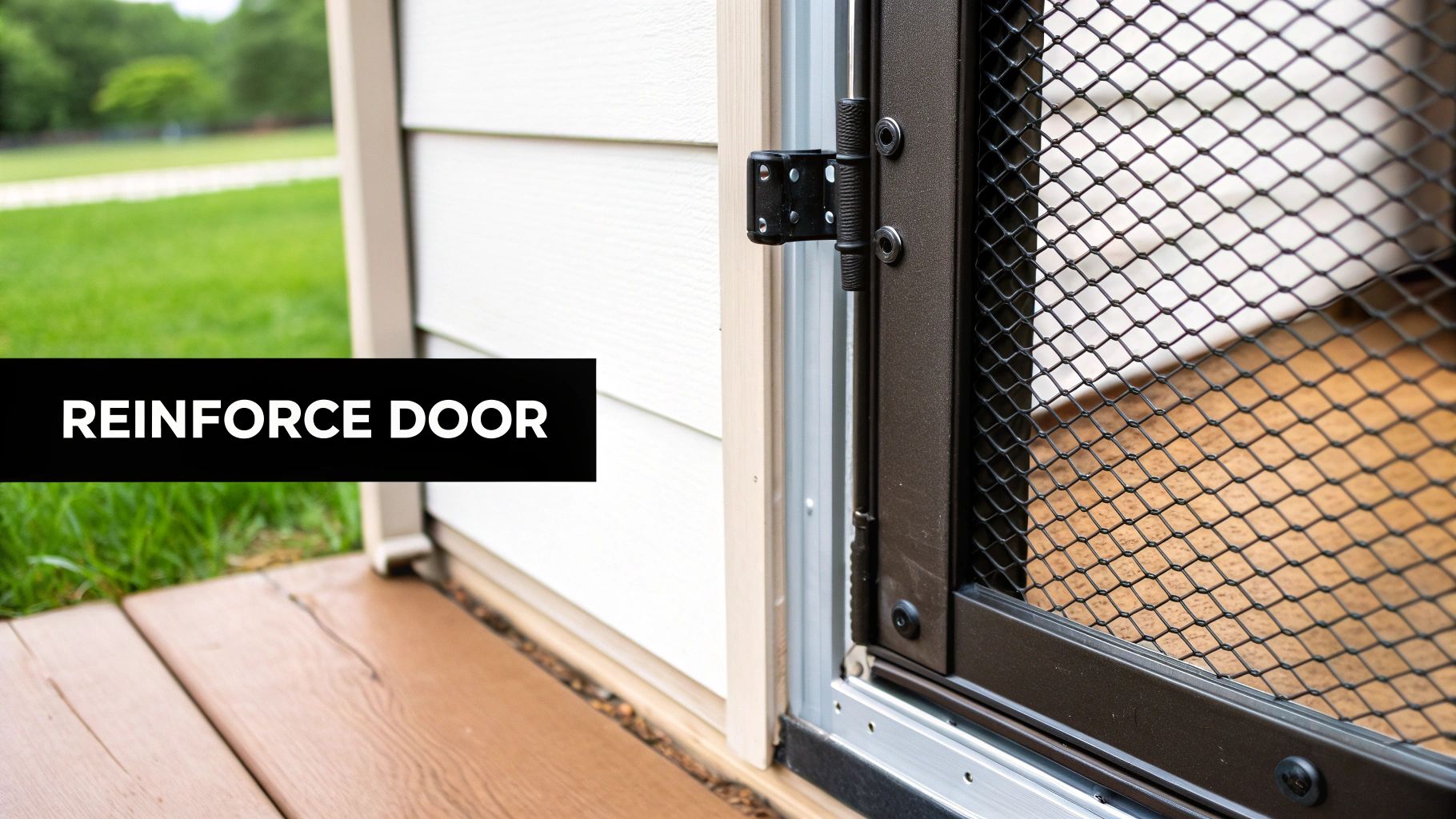 Close-up of a dark metal screen door with a strong mesh, hinges, attached to a house with white siding and a wooden deck.