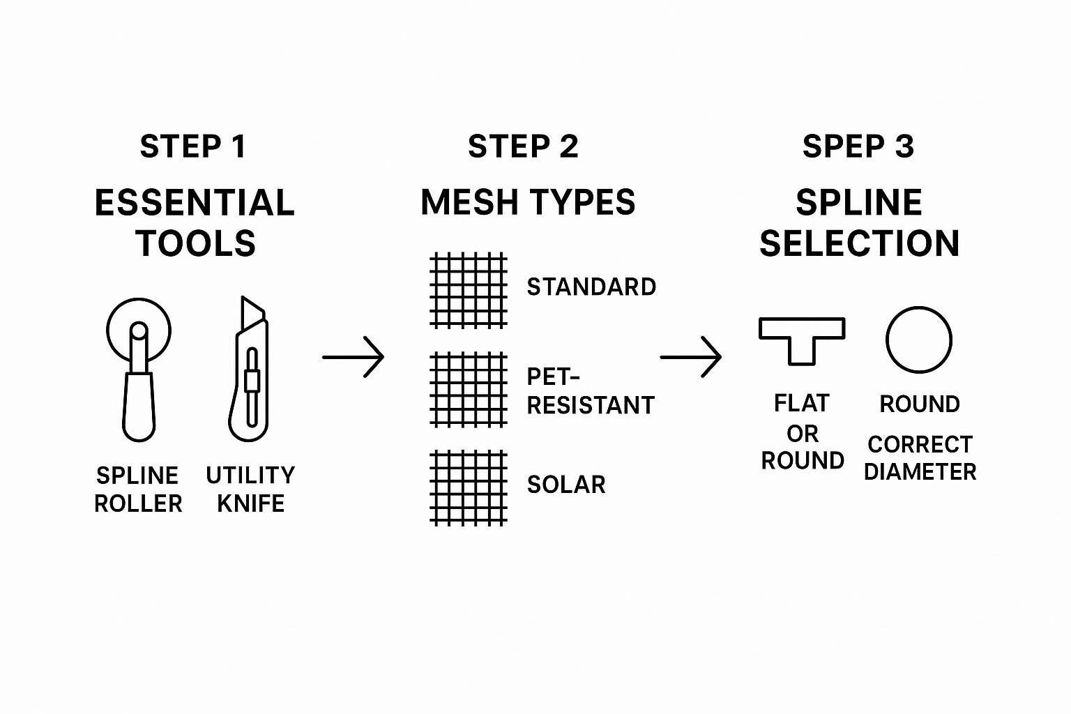 Infographic showing a three-step process for screen enclosure repair: selecting tools, choosing mesh type, and picking the correct spline.
