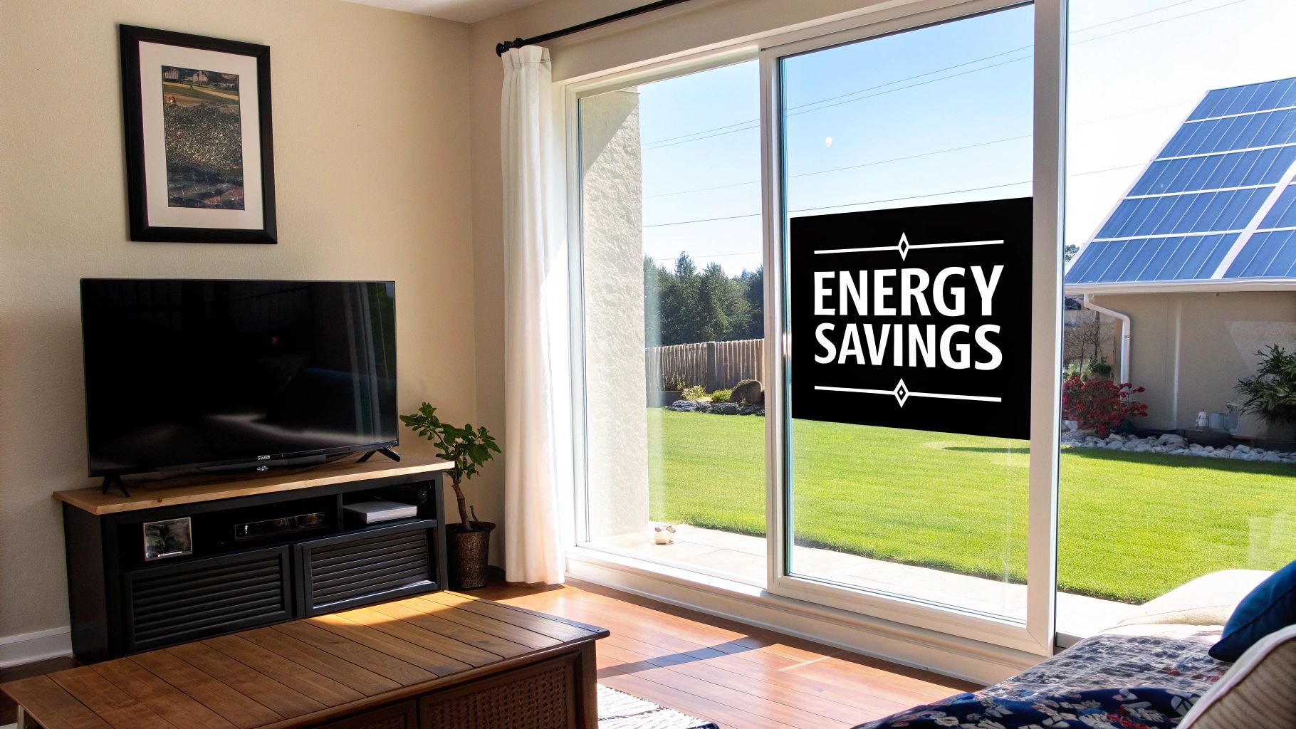 Indoor shot of a living room with a TV and a large sliding door revealing a backyard with solar panels and an "Energy Savings" sign.