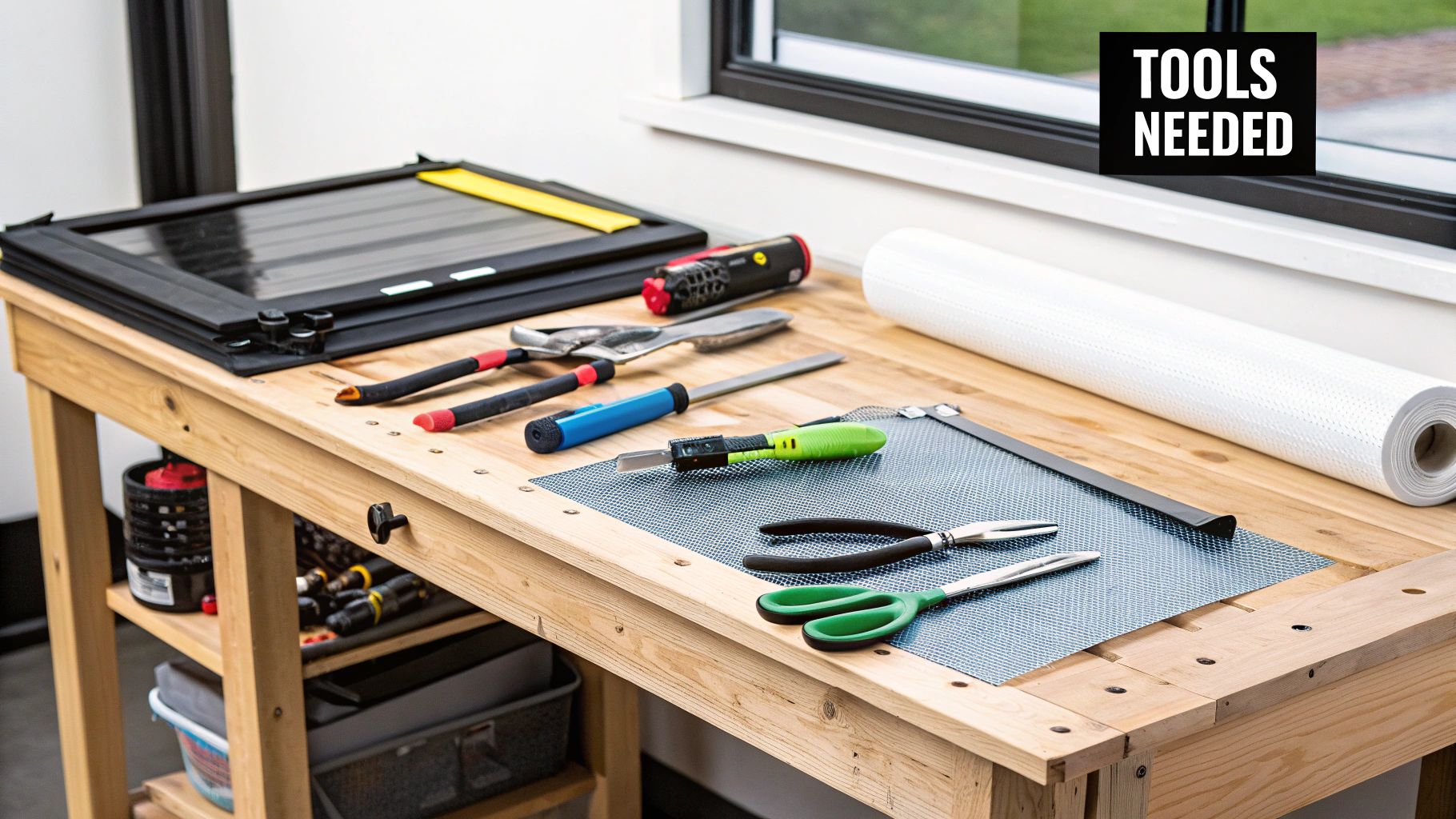 A collection of window screen replacement tools, including a spline roller and utility knife, laid out on a wooden surface.
