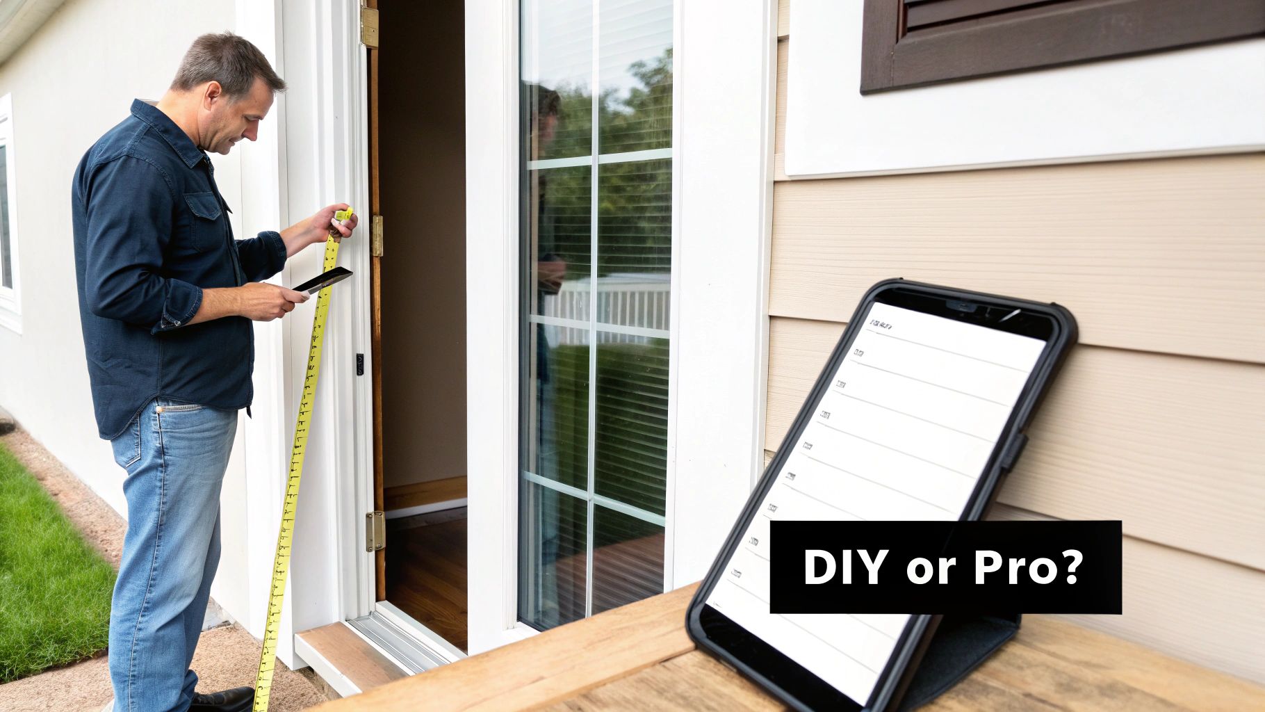 Man measuring screen door frame with tape and phone, considering DIY or professional help.