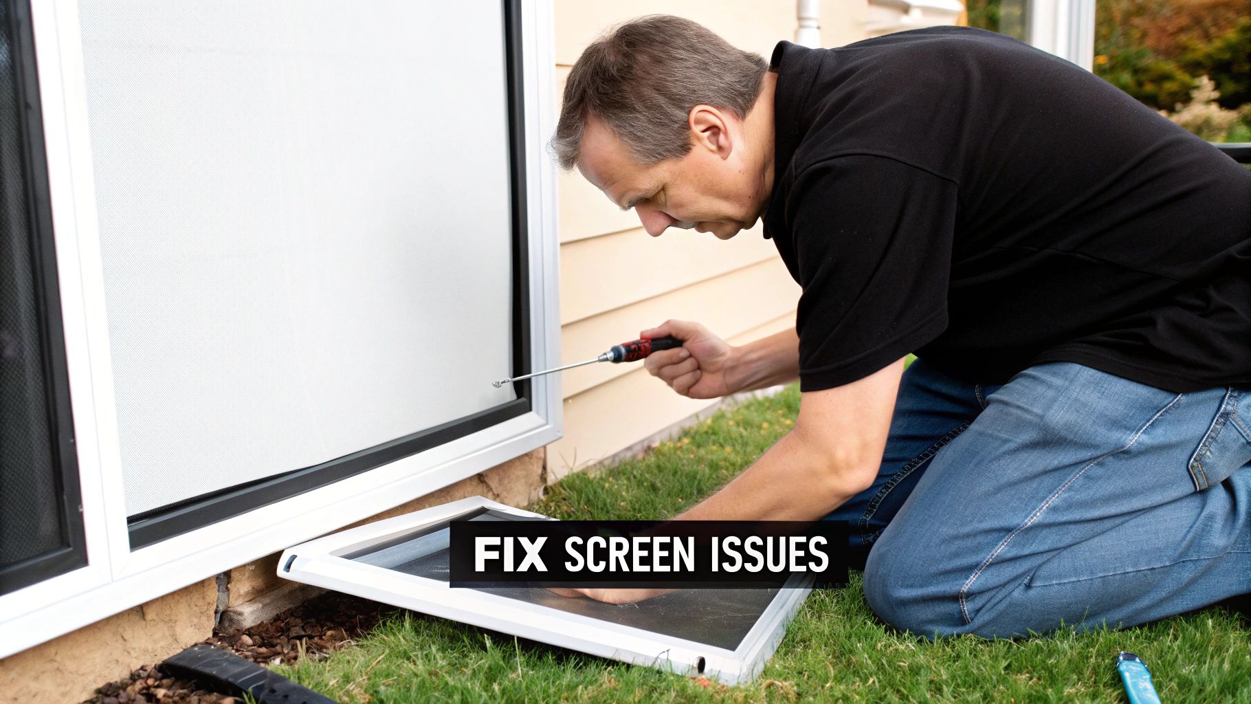 A man kneels on grass, using a screwdriver to repair a window screen, next to a house.