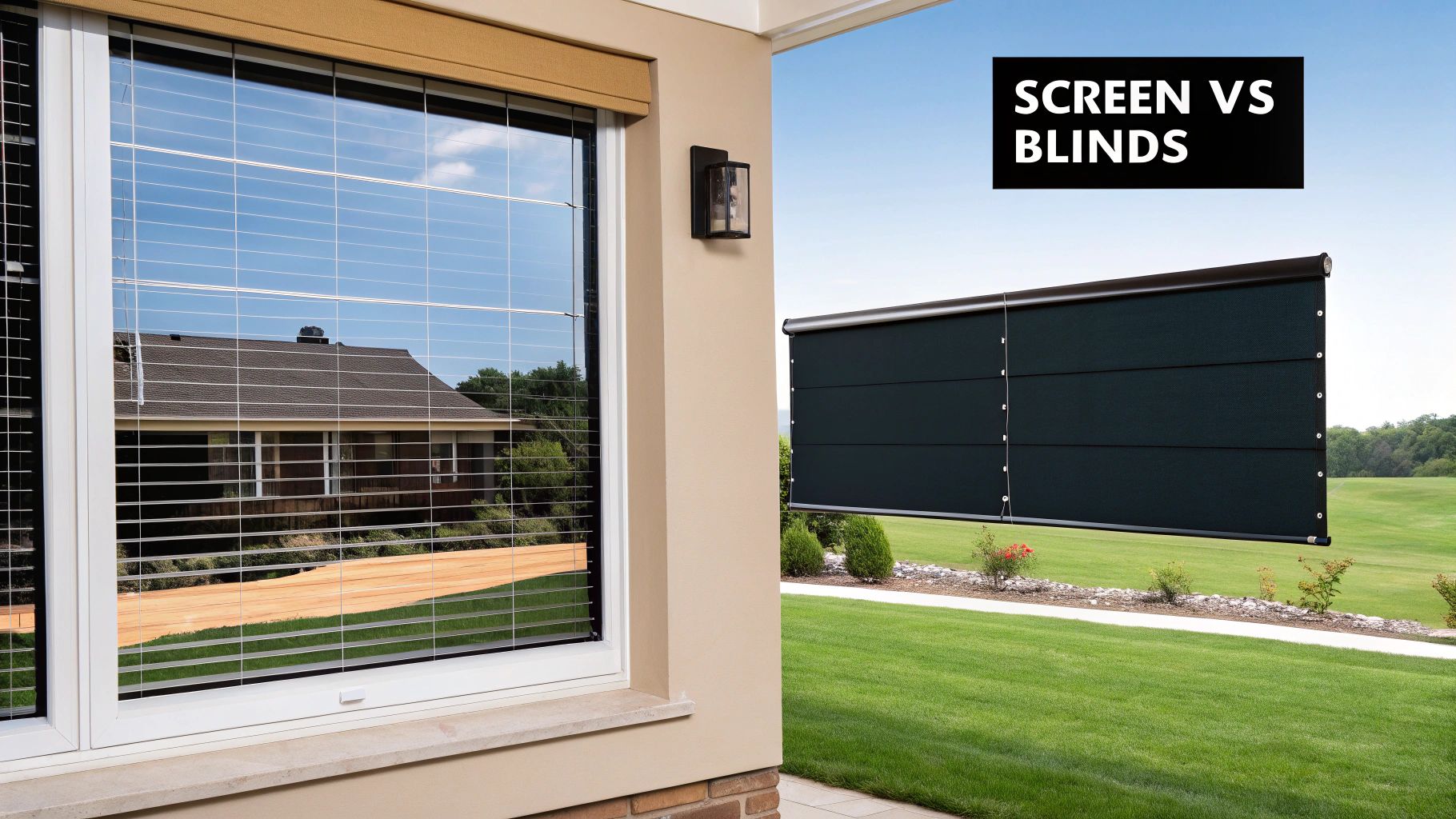 A side-by-side comparison of a window with blinds versus a window with an external solar screen, showing the difference in light and heat blockage.