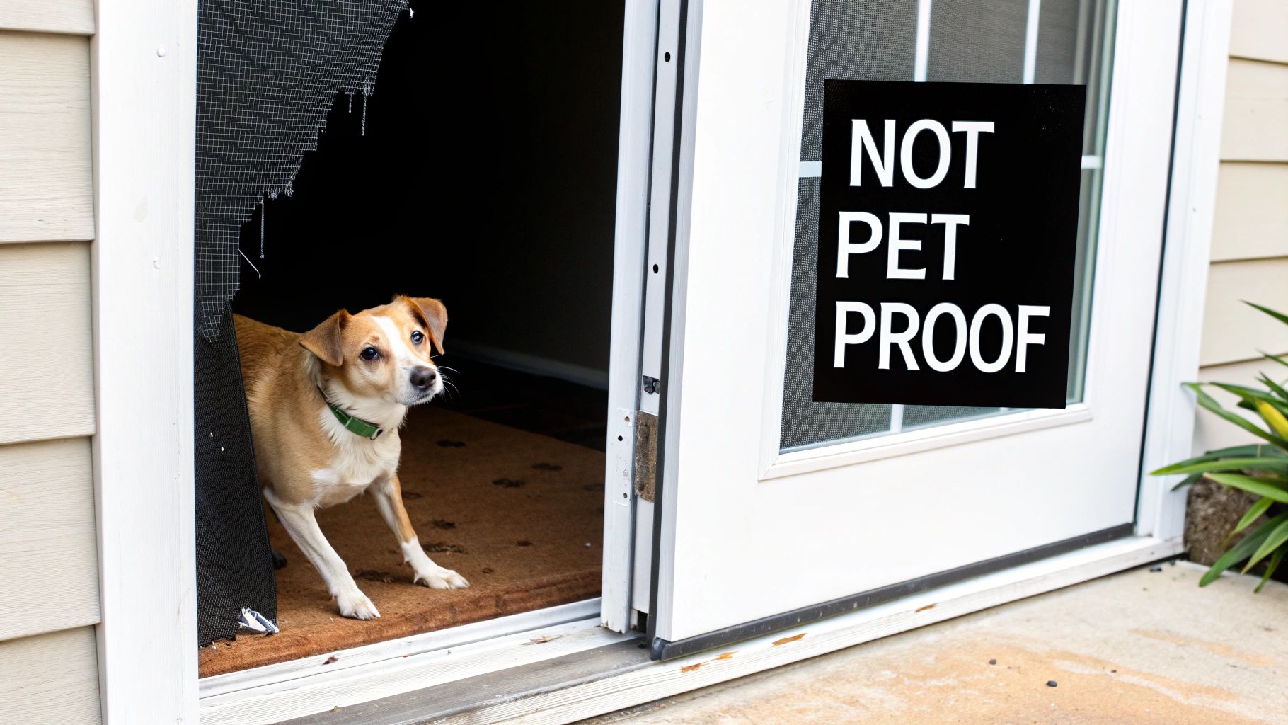 A guilty-looking dog peeks through a large rip in a screen door with a "NOT PET PROOF" sign.