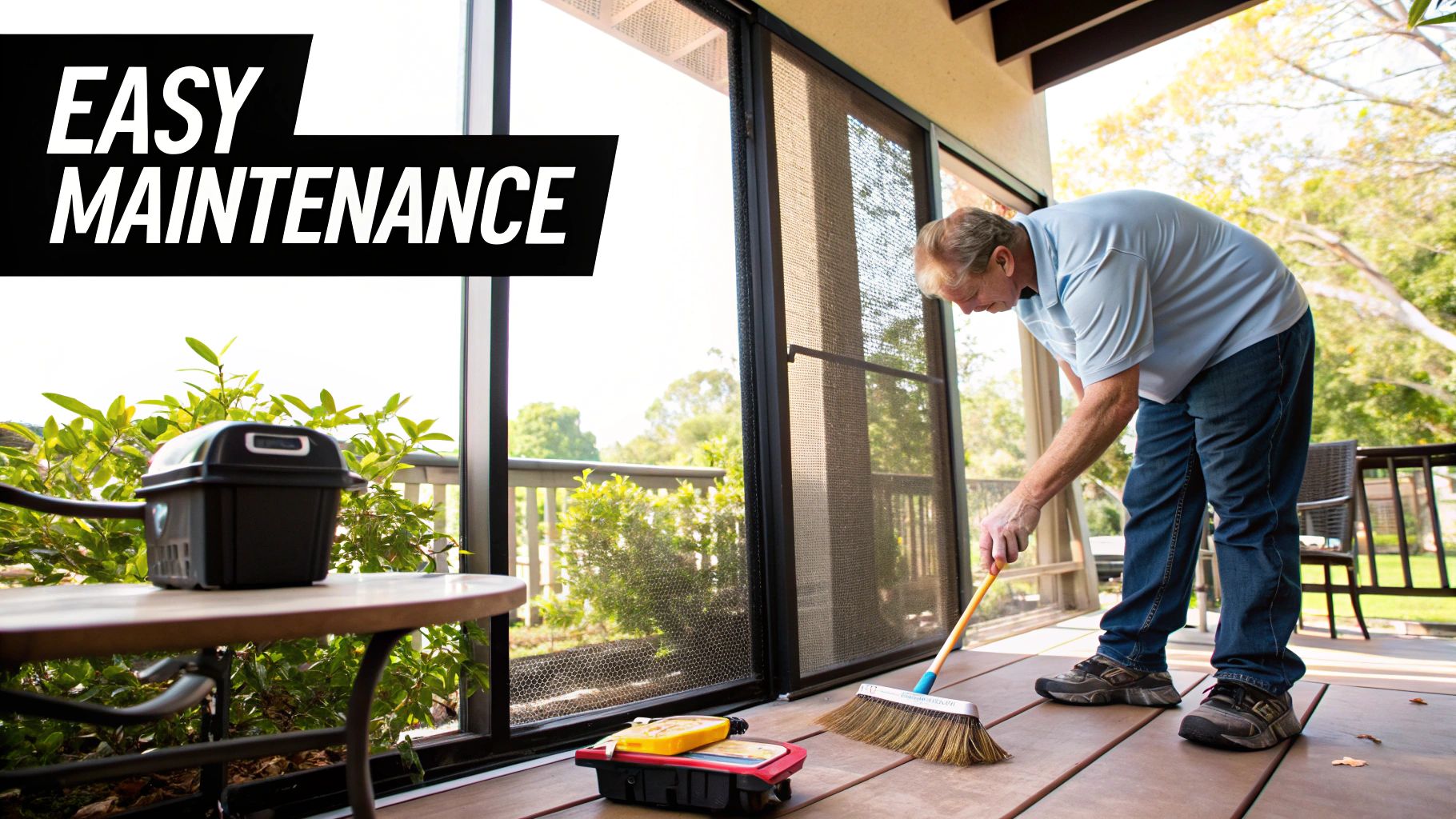 A man sweeps a wooden patio deck next to a large screen enclosure, highlighting easy maintenance.