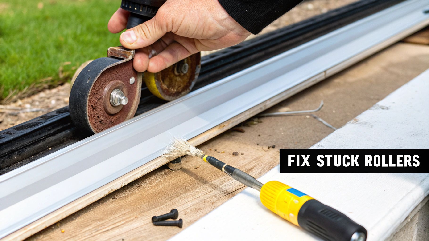 A person's hand cleans a dirty patio door roller over its track with a small brush.