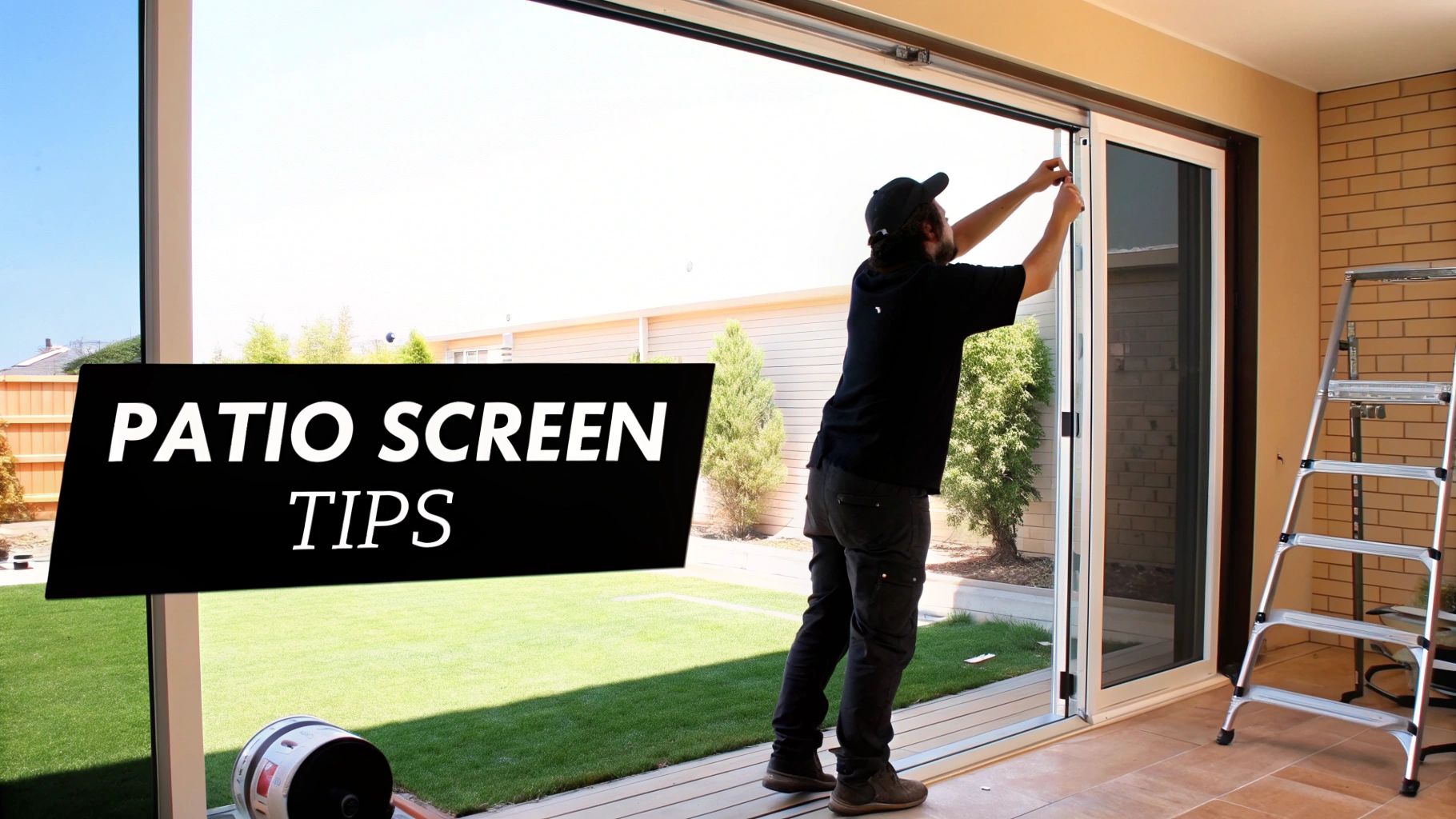 A man installs a patio screen door, with text overlay 'PATIO SCREEN TIPS' over a sunny backyard view.