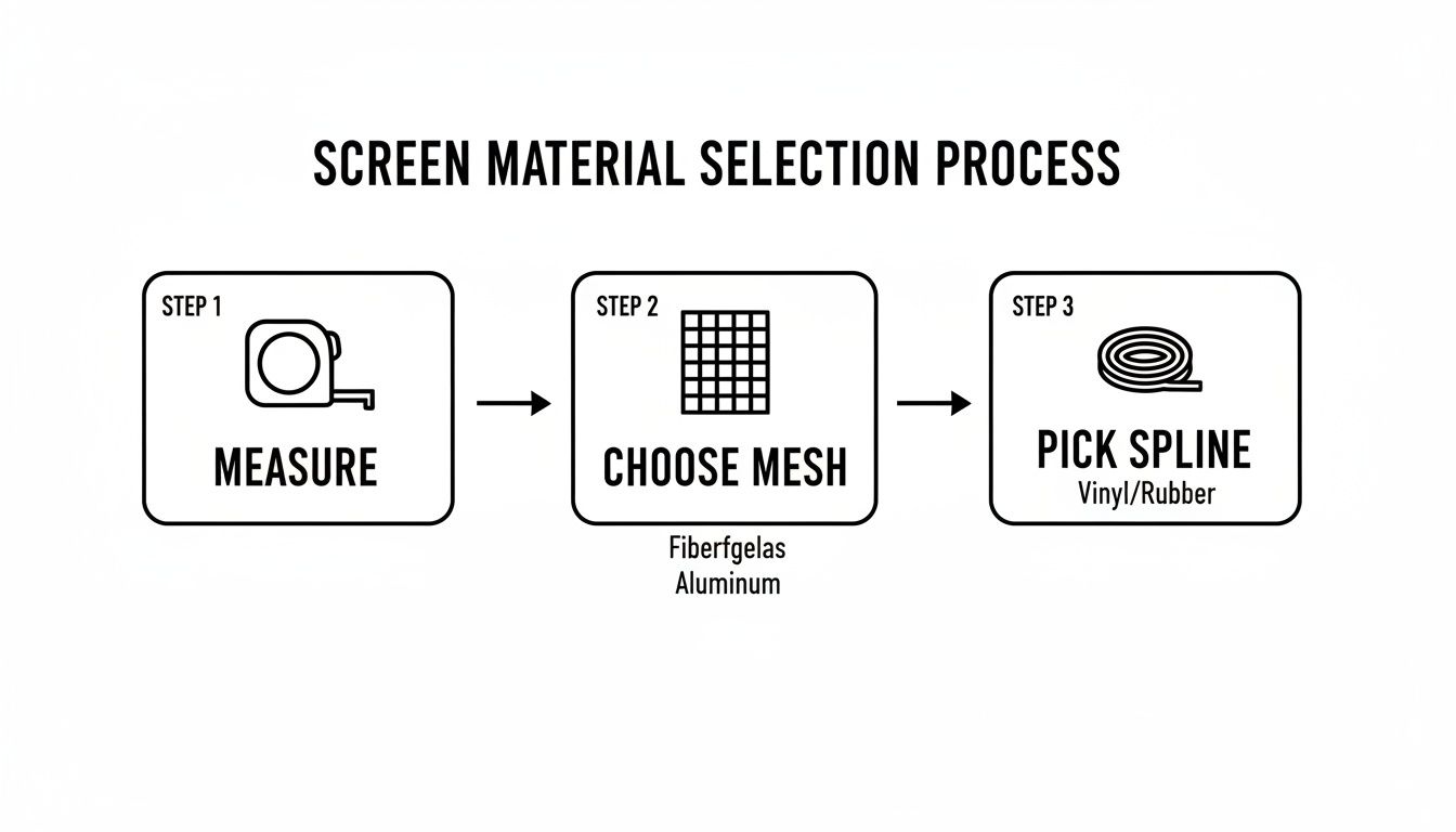 A diagram illustrating the screen material selection process, showing steps to measure, choose mesh, and pick spline.