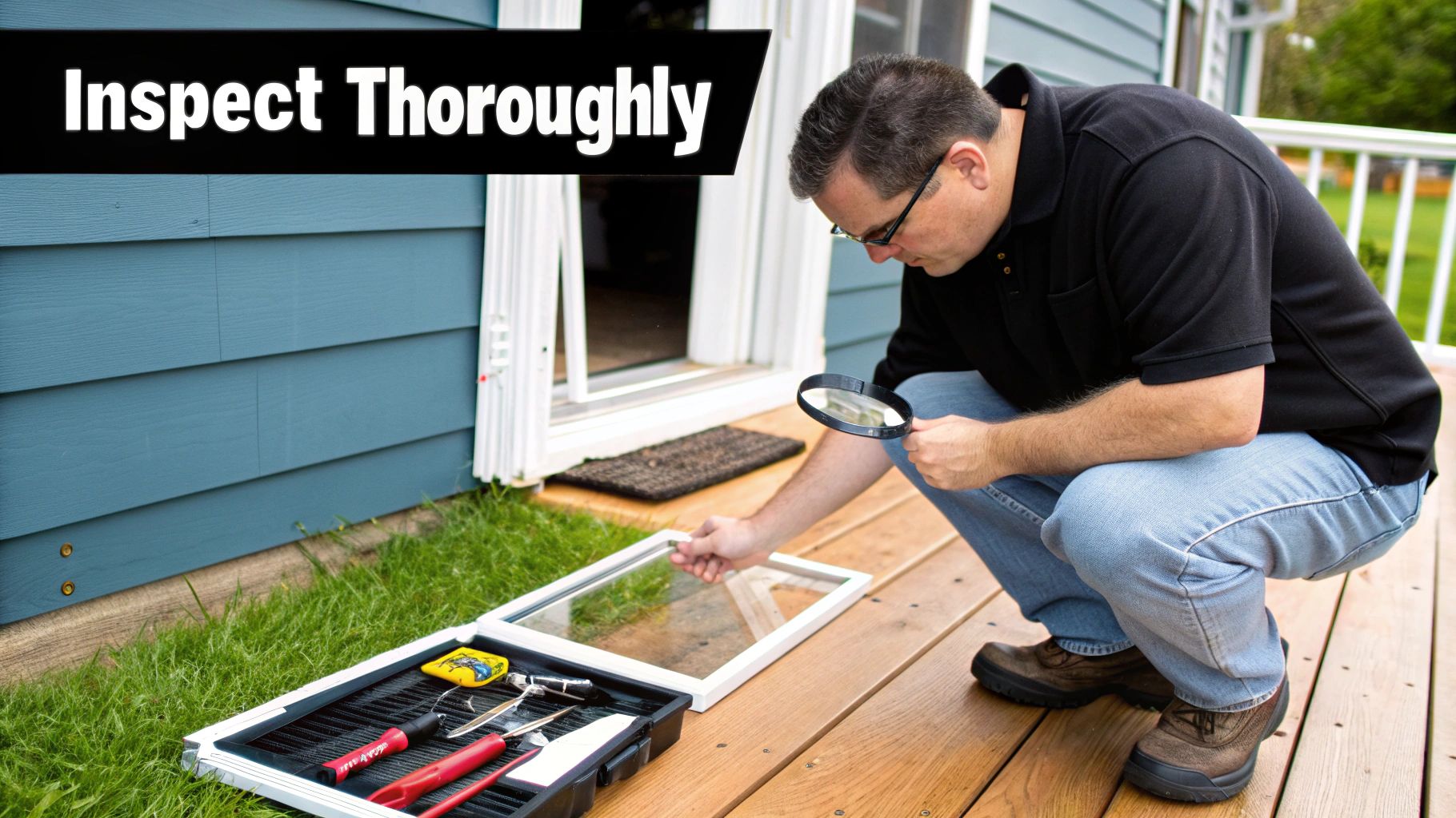 A person closely inspecting the corner of a screen enclosure frame.