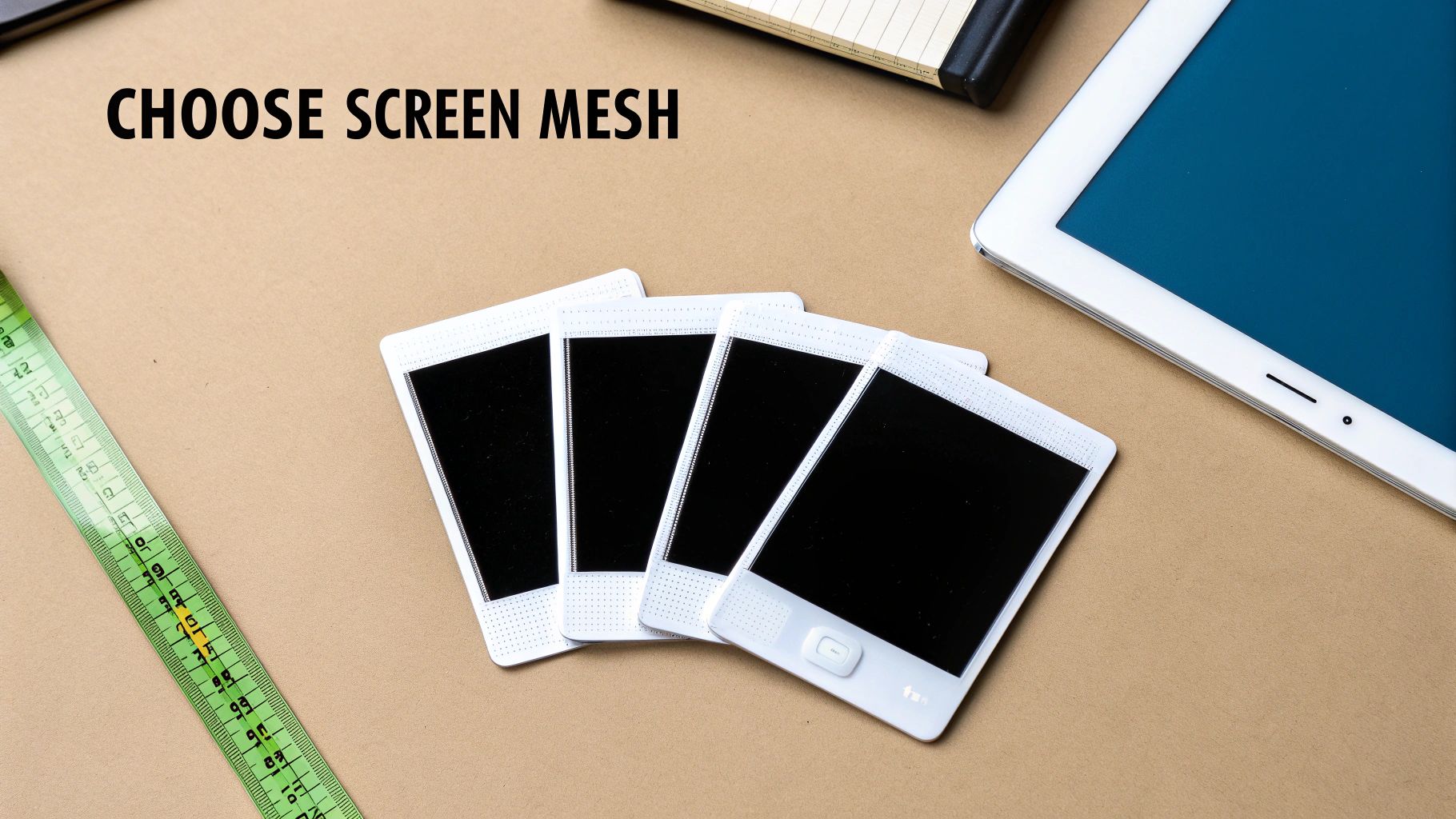 Overhead view of a measuring tape, four screen mesh samples, and a tablet, with text 'CHOOSE SCREEN MESH'.