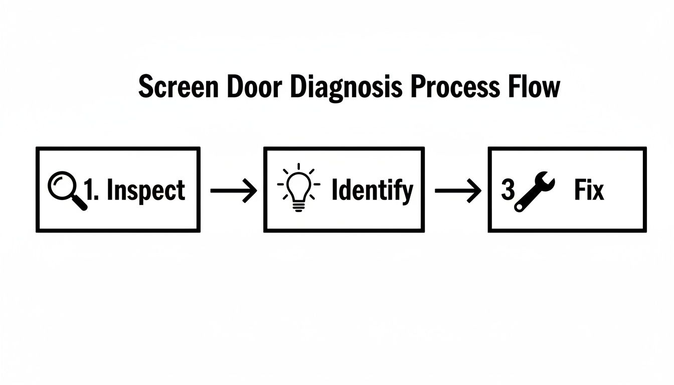 A flowchart showing the screen door diagnosis process with steps: Inspect, Identify, and Fix.