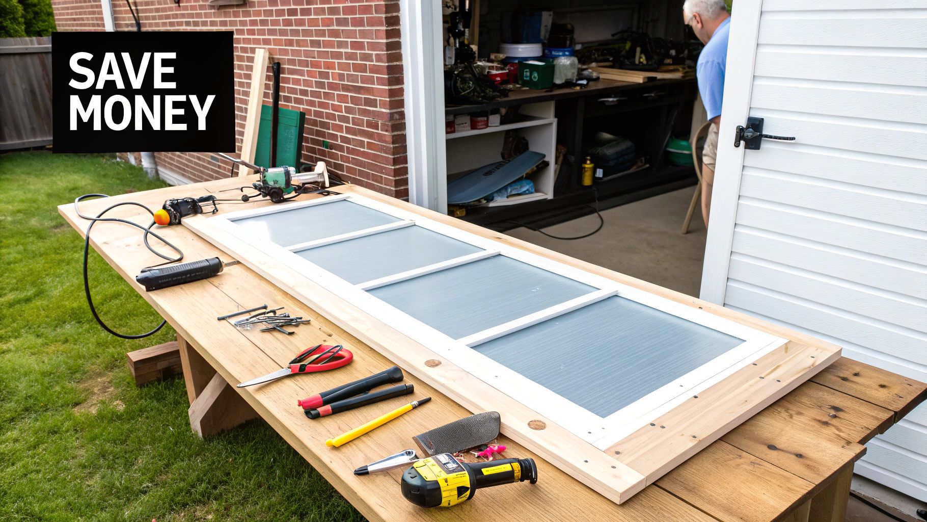 A worn, rusted screen door frame next to a new, pristine screen door.