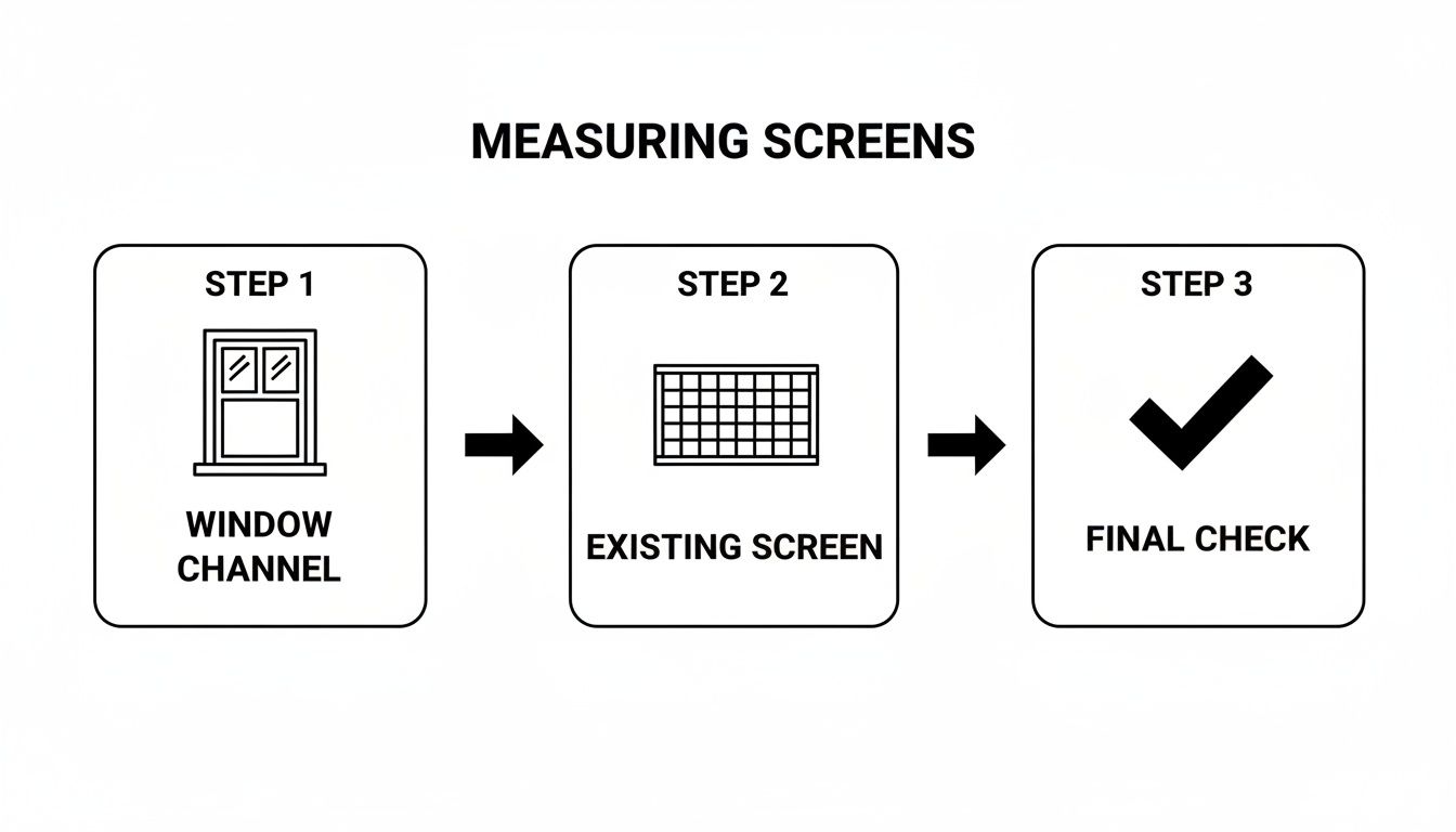 A three-step diagram illustrating how to measure screens: window channel, existing screen, and final check.