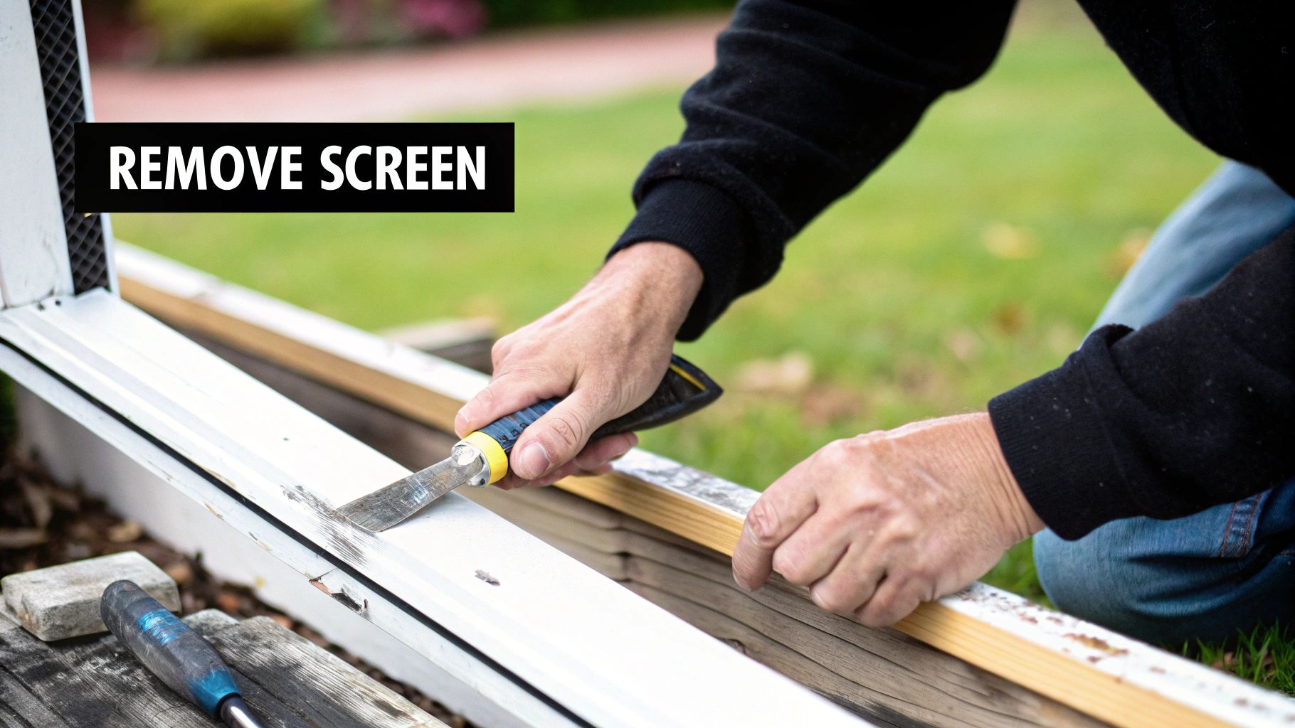 A collection of tools for screen repair, including a spline roller, utility knife, and different types of screen mesh.