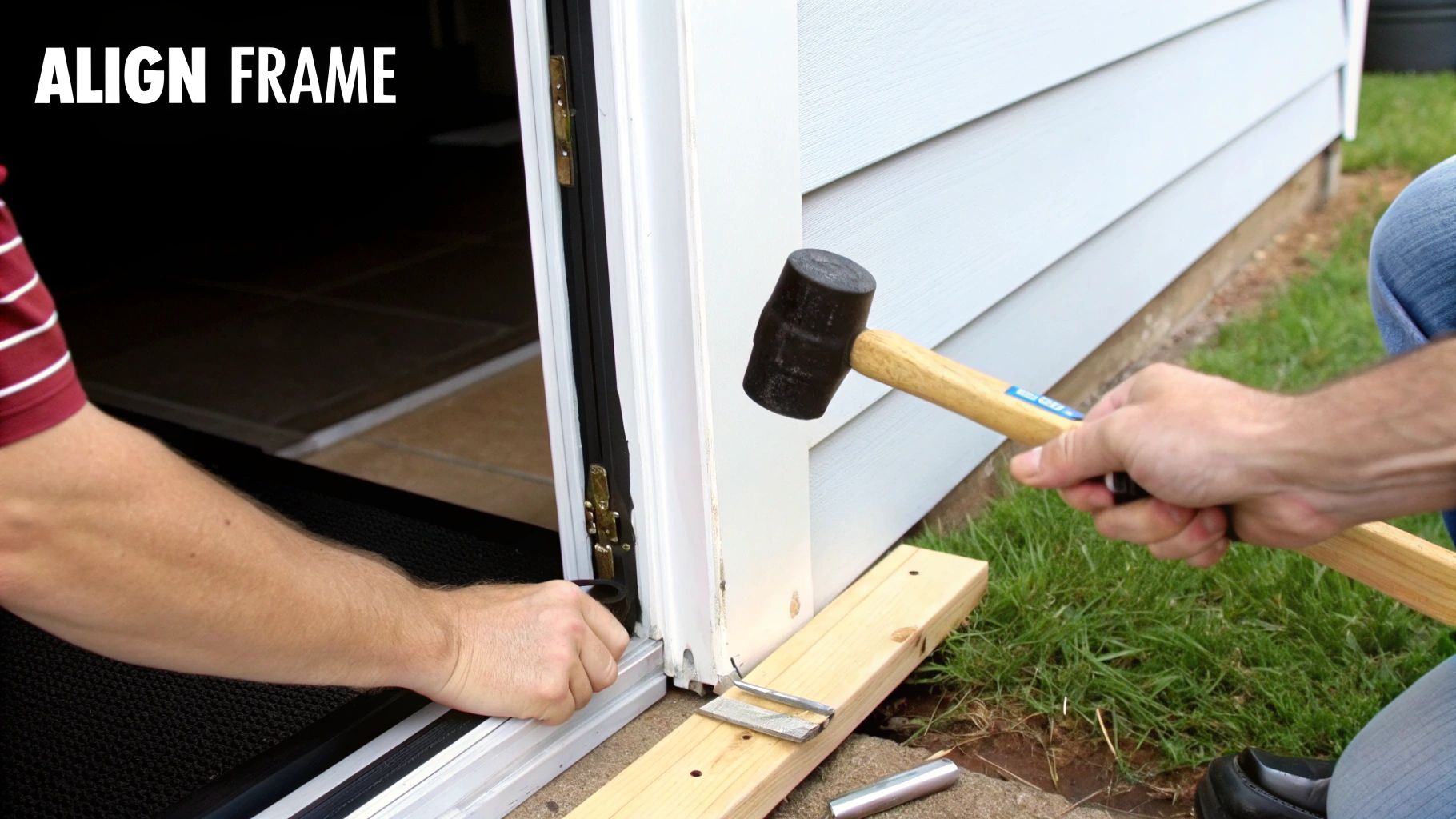 Two people align a screen door frame, one tapping with a rubber mallet, the other adjusting.