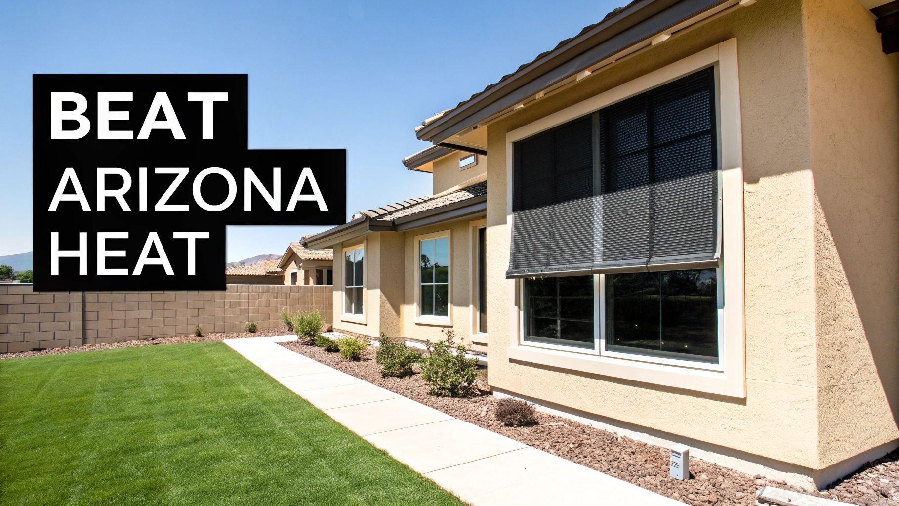 Modern house in Arizona featuring a large window with an external sun shade to reduce heat.