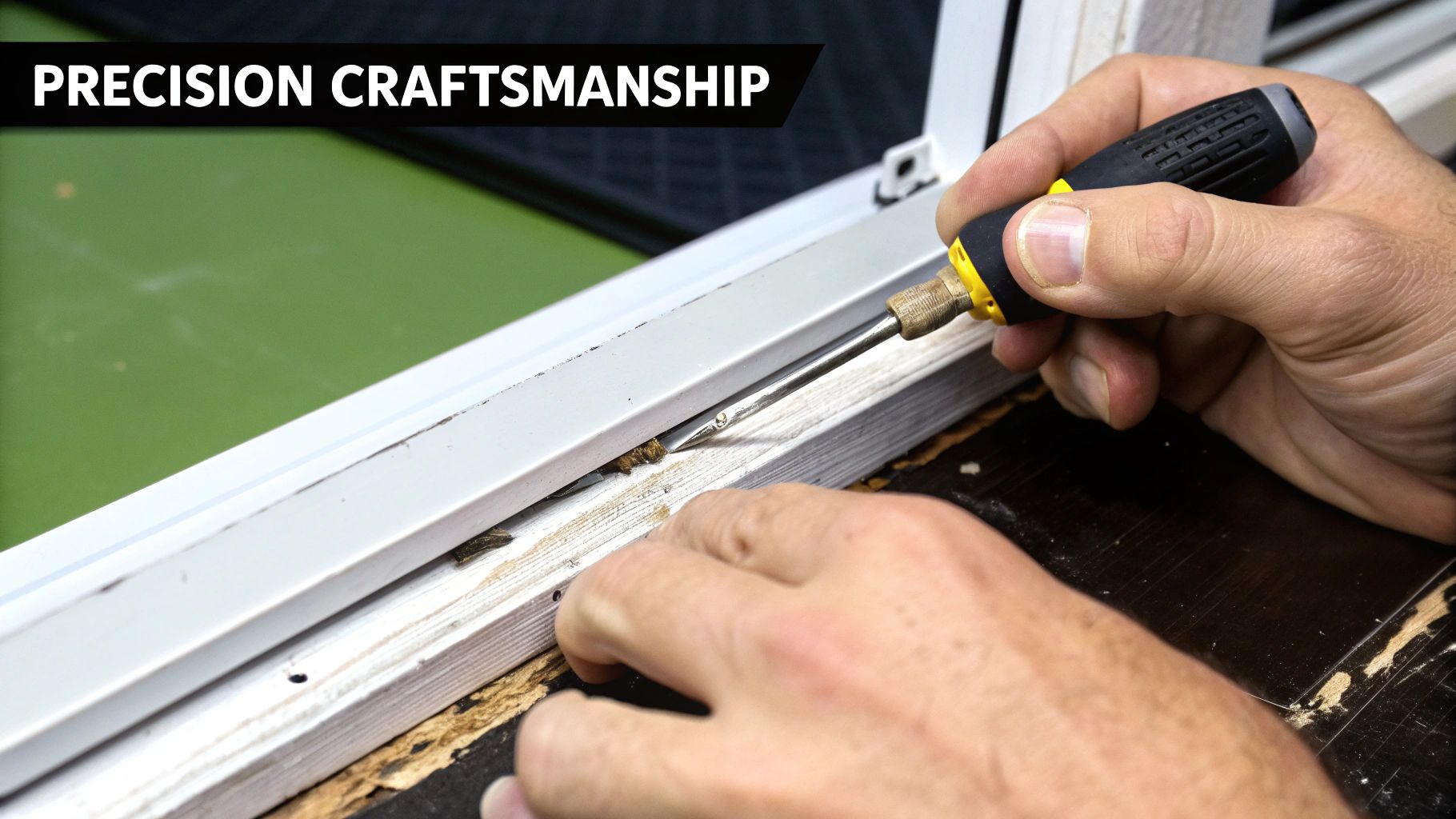 A person precisely removes material from a white window frame with a screwdriver, showcasing craftsmanship.