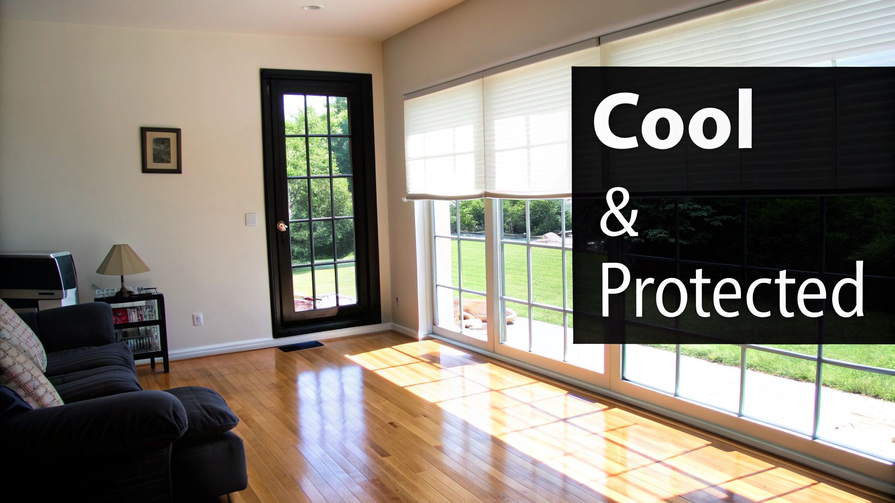 Sunlight filtering through a window screen into a modern living room