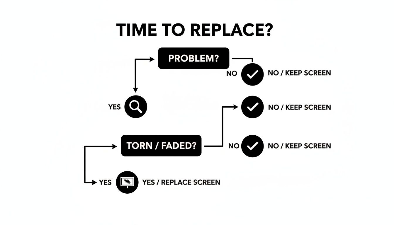 Flowchart guiding users on when to replace a screen based on problems like tearing or fading.