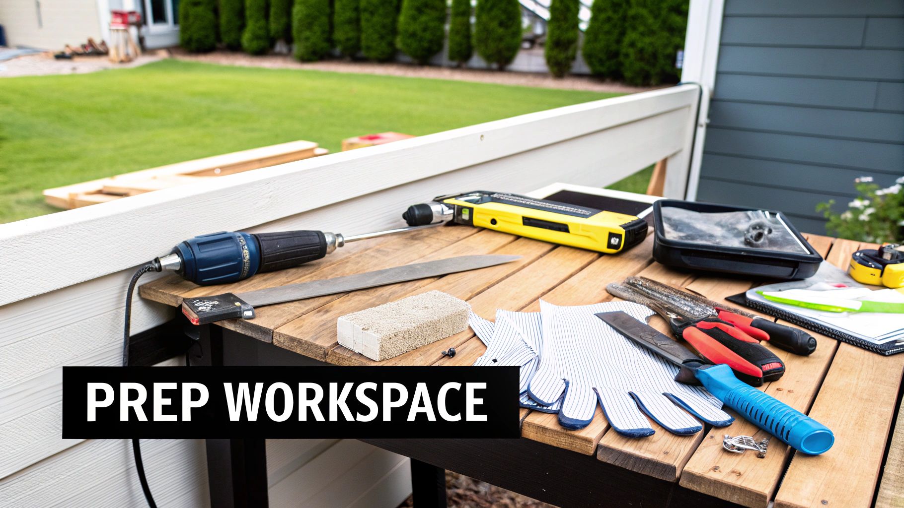 A person carefully removing old, worn-out screen from a porch frame.