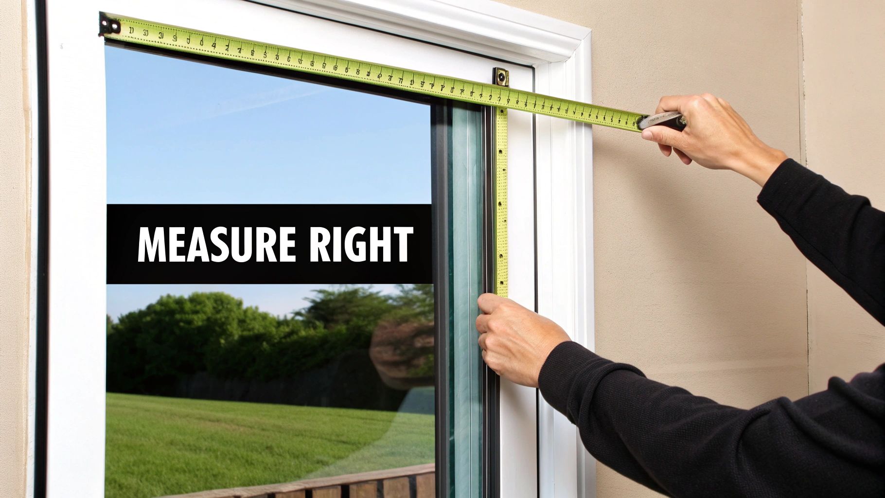 A person's hands use a tape measure to accurately size a sliding glass door. Text says 'MEASURE RIGHT'.