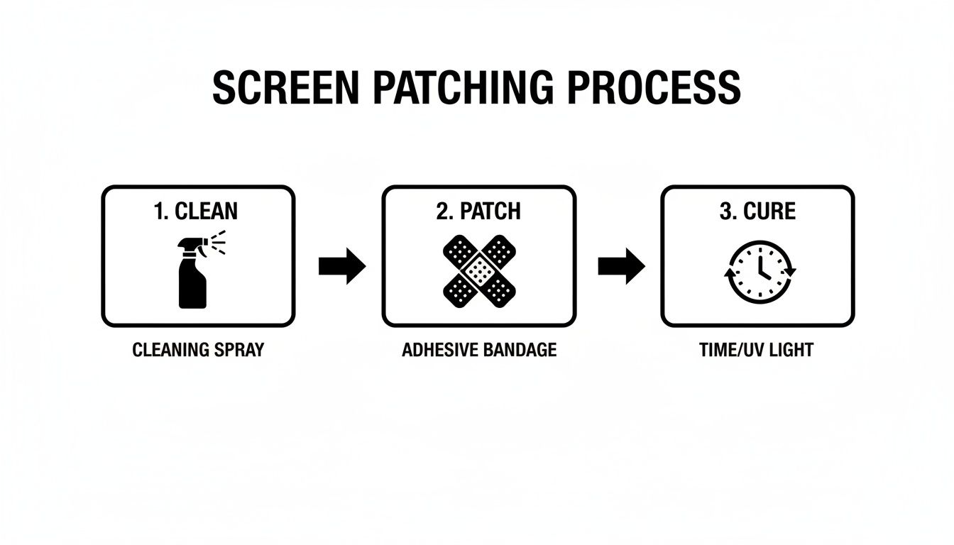 An infographic illustrating a three-step screen patching process: clean, patch with adhesive bandage, and cure using time or UV light.