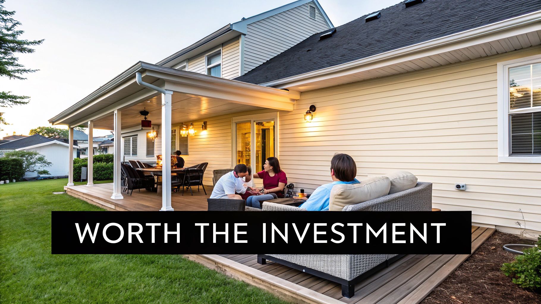 A well-lit screen patio attached to a house, with people relaxing, dining, and enjoying the outdoor space at dusk.