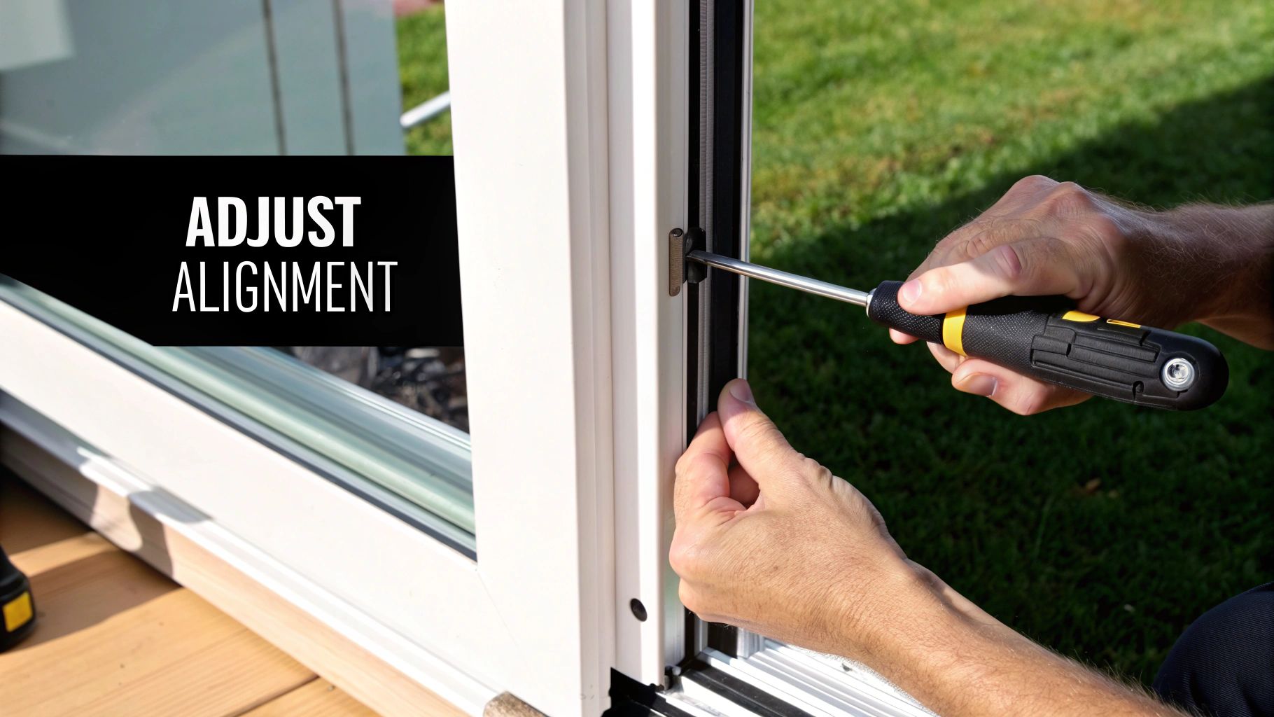 A close-up view of a screwdriver being used to to adjust the roller screws on a sliding patio door.