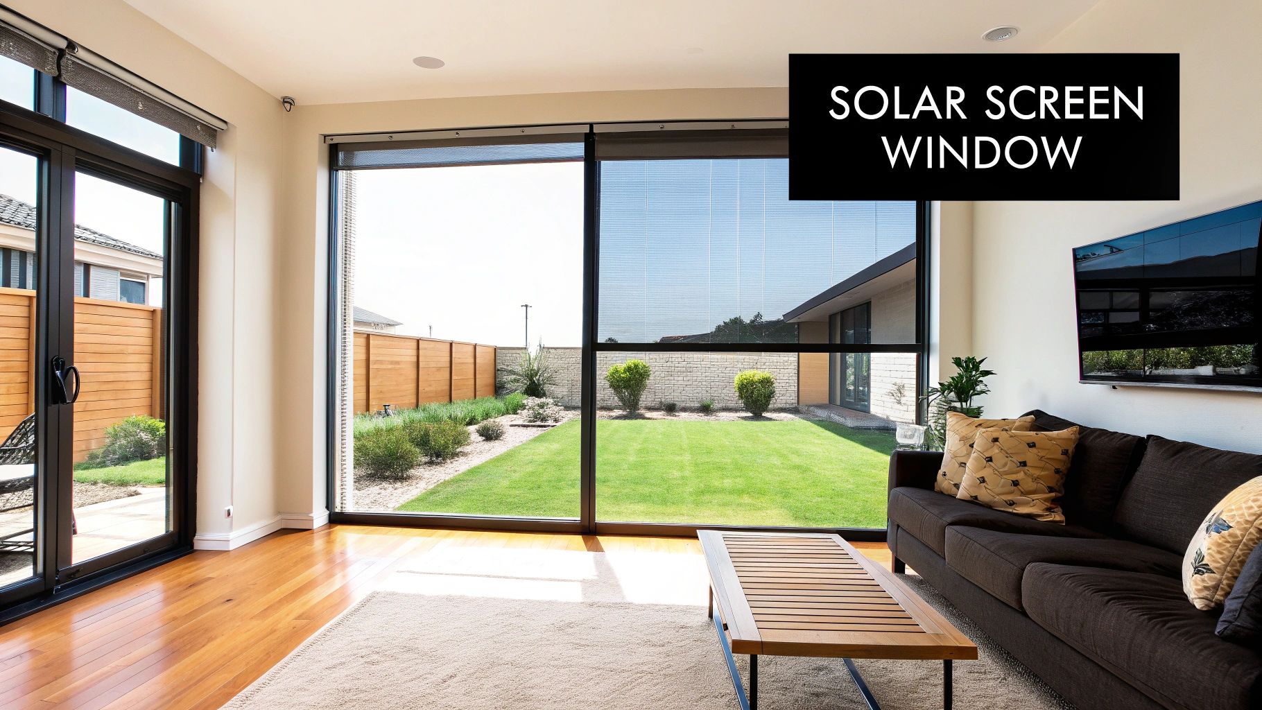 Modern living room with large solar screen windows overlooking a lush green backyard.