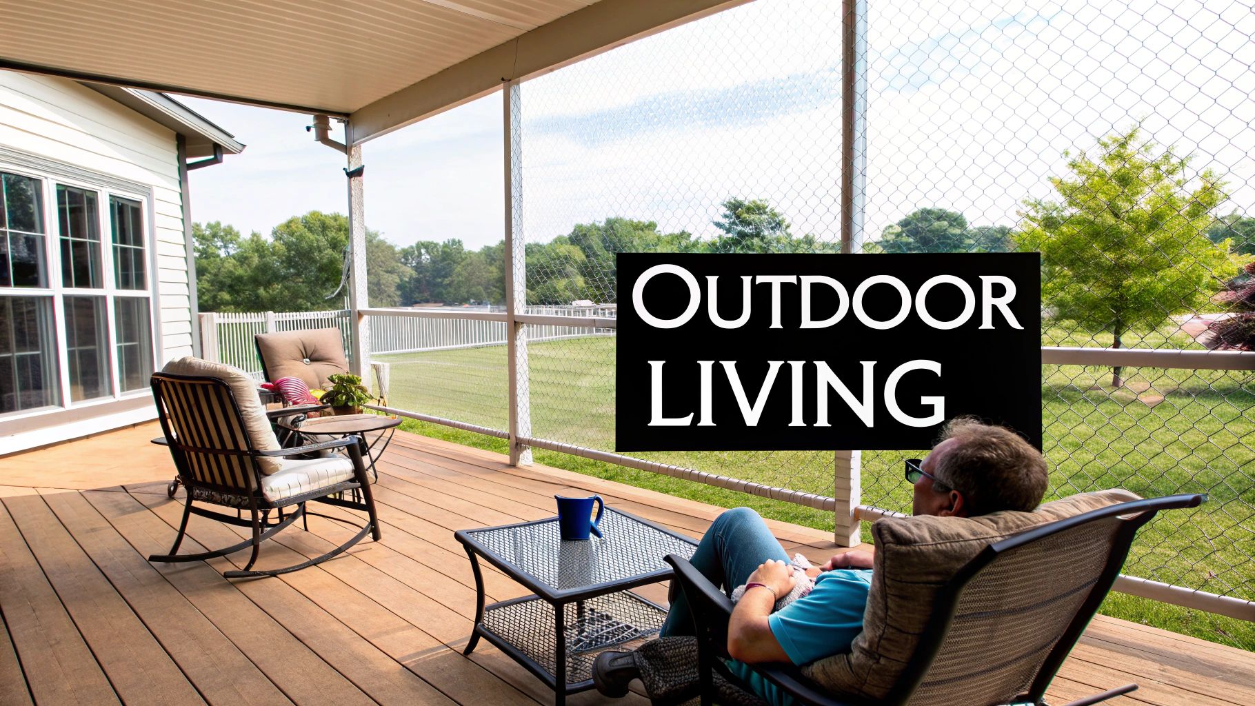 A man relaxes on a comfortable screened patio with outdoor furniture, overlooking a lush green yard.
