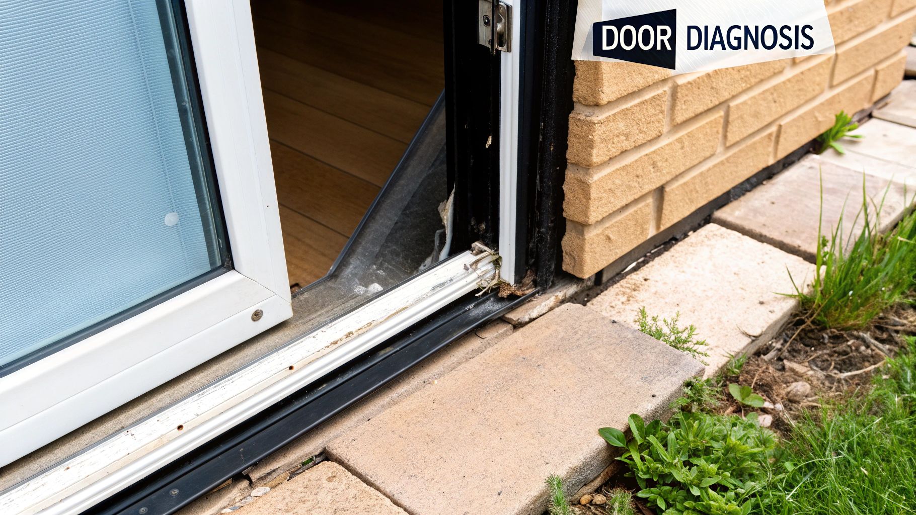 A close-up of a damaged patio screen door needing repair.