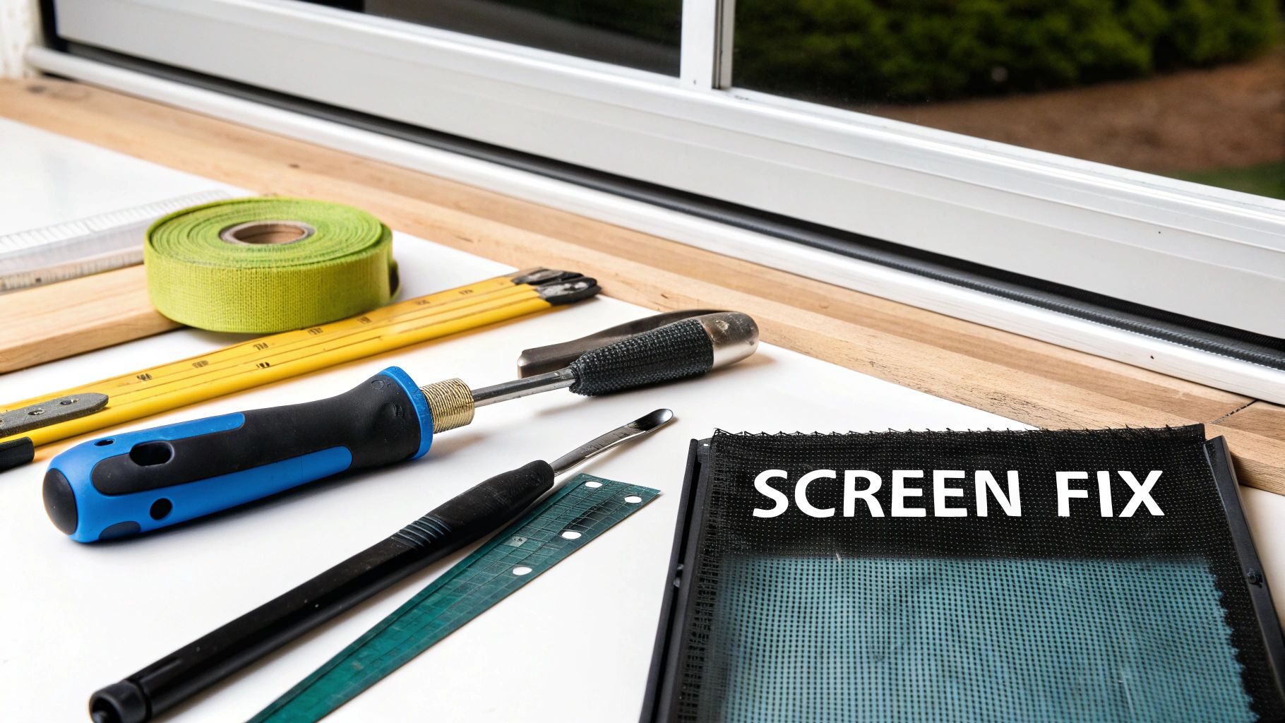 A collection of tools and materials, including a spline roller and screen frame, for fixing a window screen.