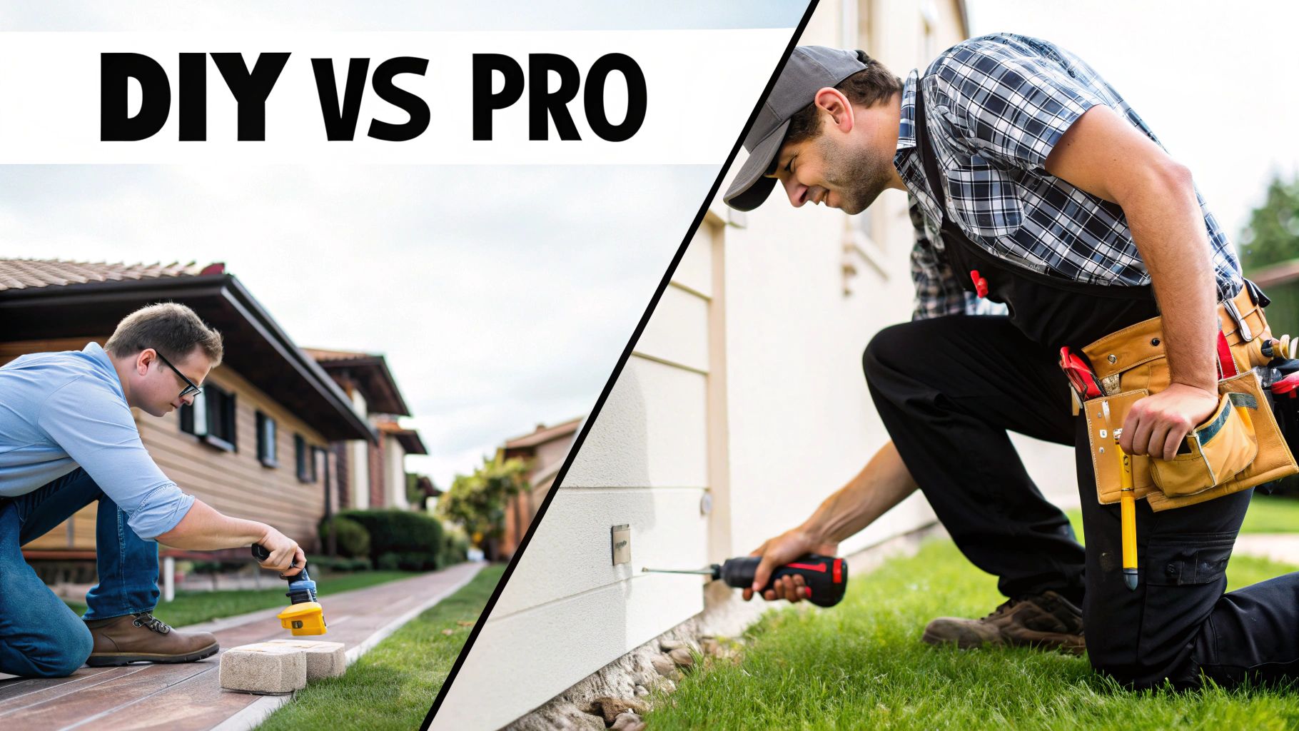 A person comparing a professional handyman's toolkit with a DIY toolkit for screen repair.