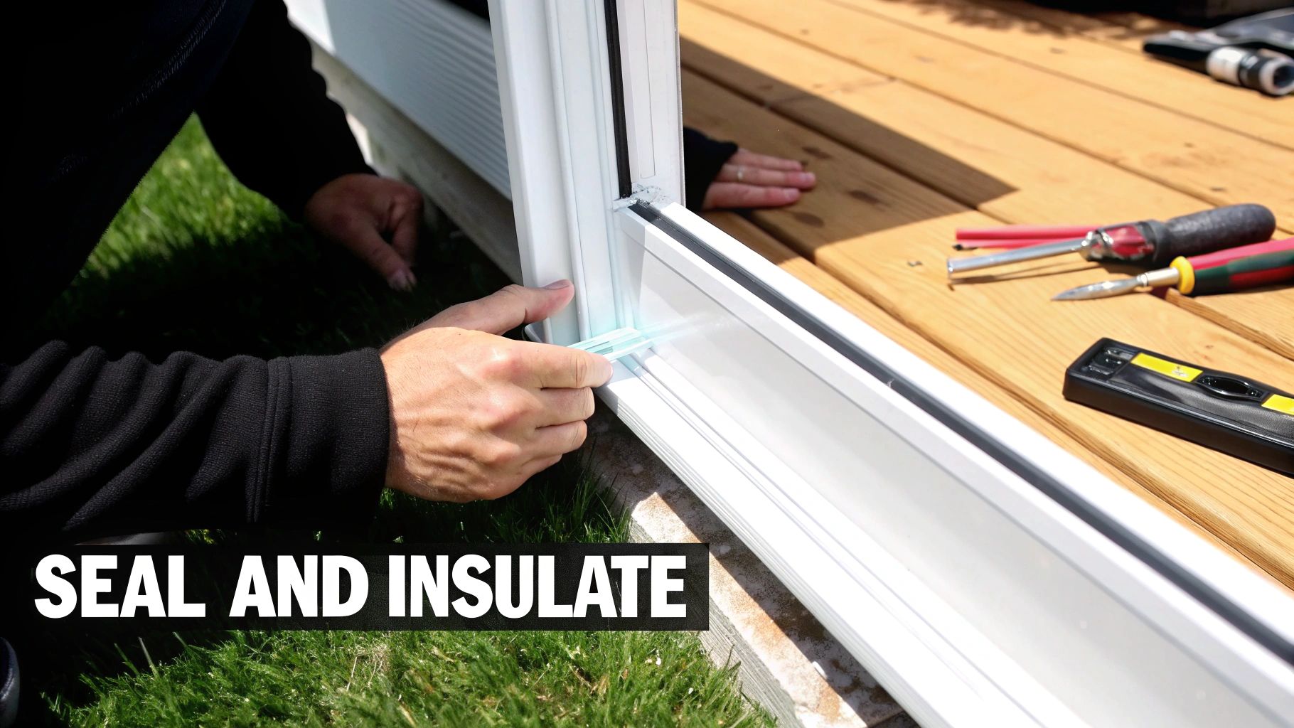 Person's hands applying a translucent seal to a white window or door frame next to a deck and grass.