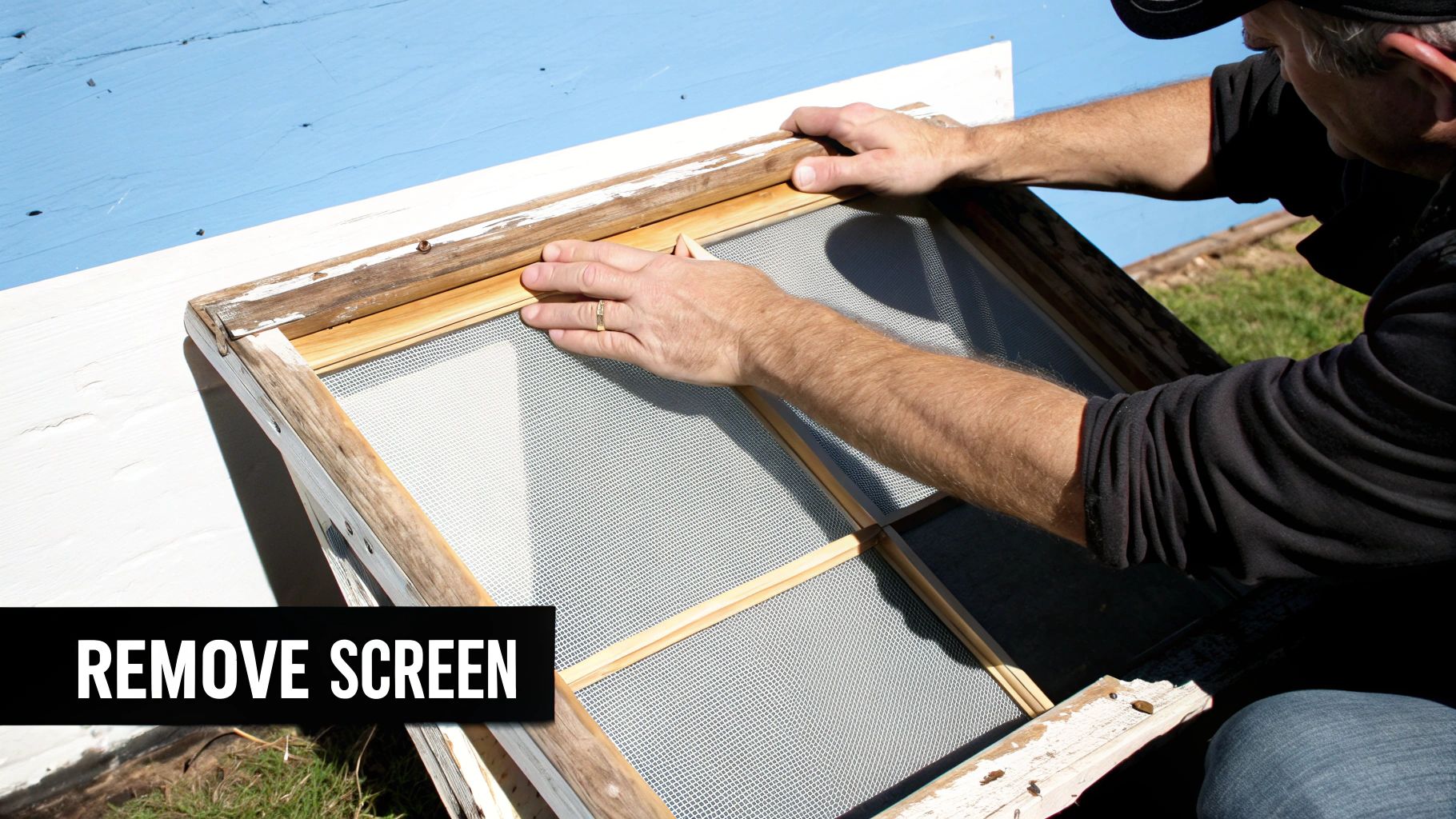 A close-up shot of a person using a spline roller to fix a sagging window screen, demonstrating a common DIY repair.